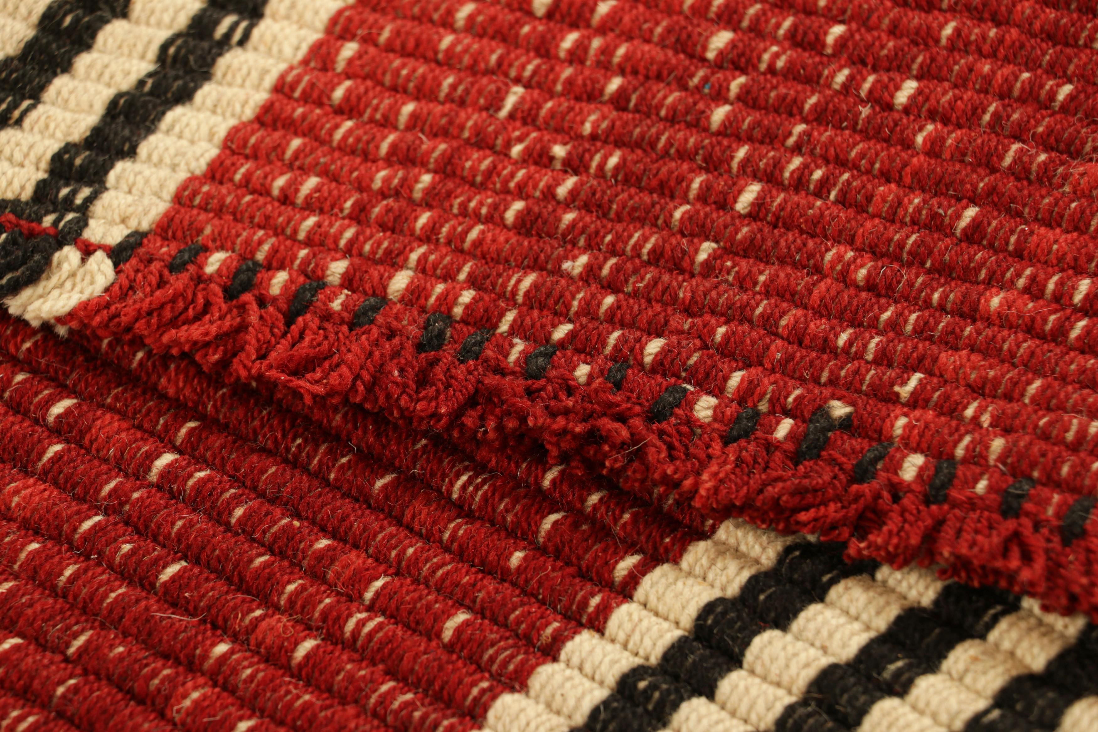 Wool Rug & Kilim’s Contemporary Kilim Runner Rug in Red with Beige and Black Stripes For Sale