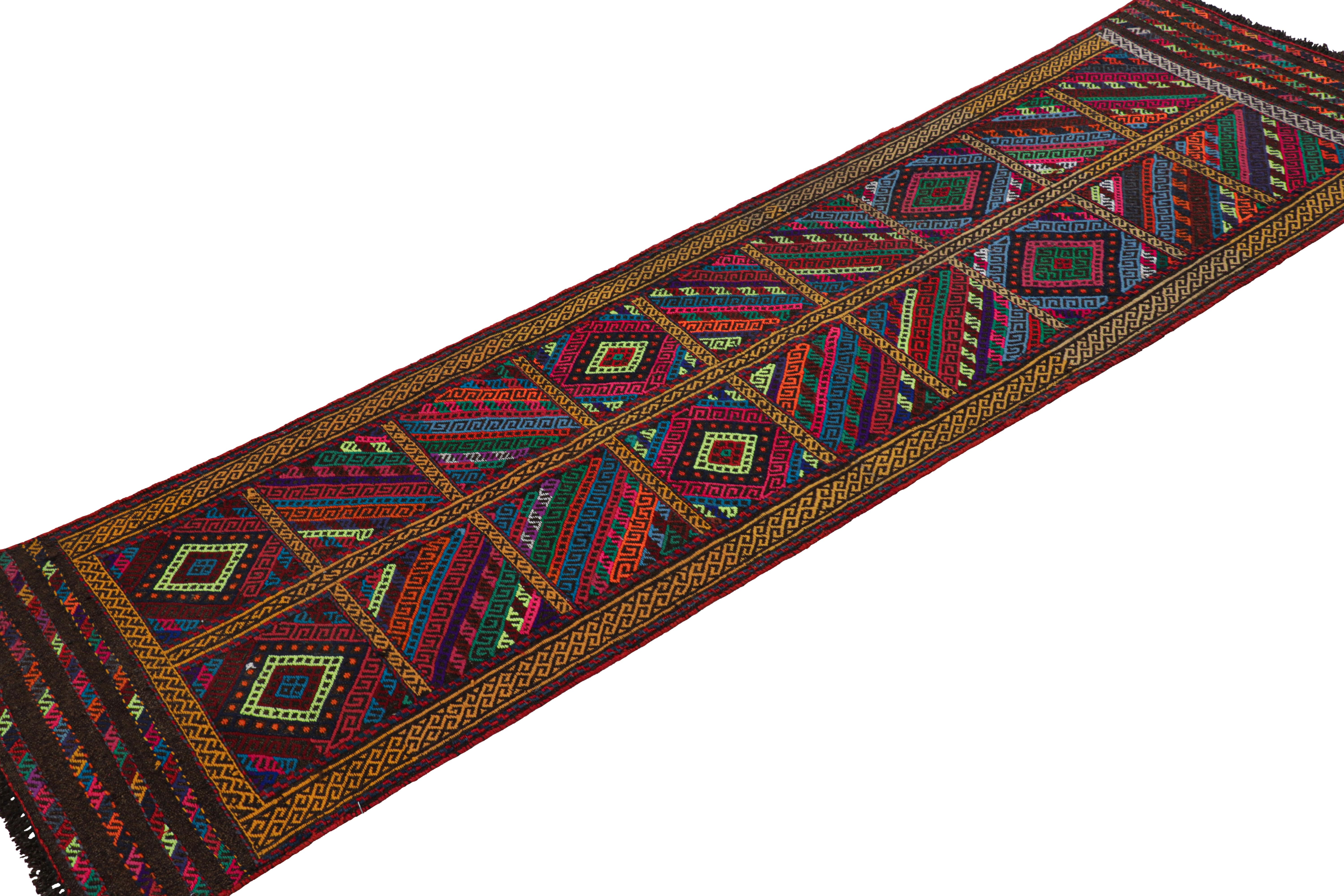 Afghan Rug & Kilim’s Contemporary Kilim Runner Rug with Polychromatic Geometric Pattern For Sale