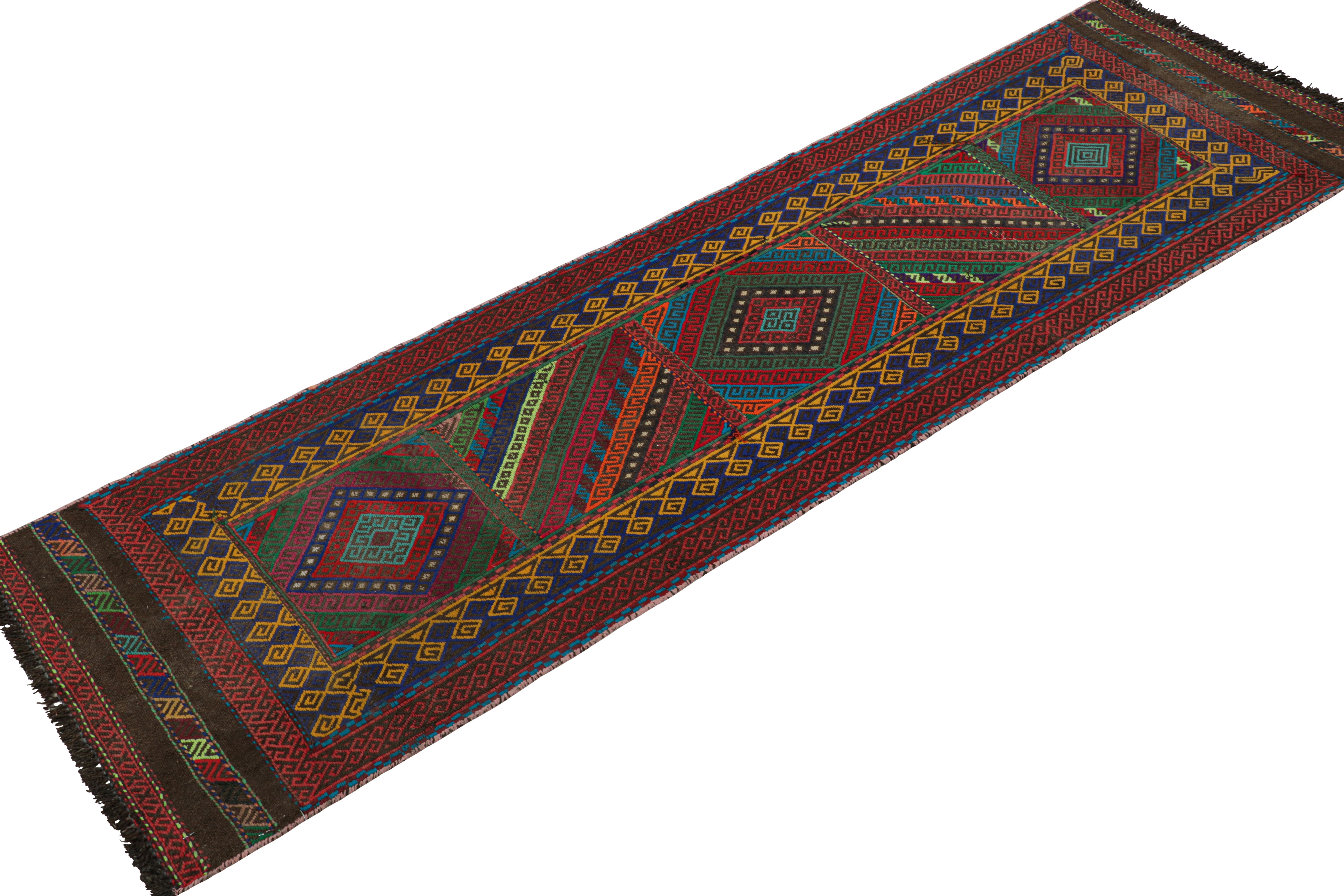 Afghan Rug & Kilim’s Contemporary Kilim Runner Rug with Polychromatic Geometric Pattern For Sale