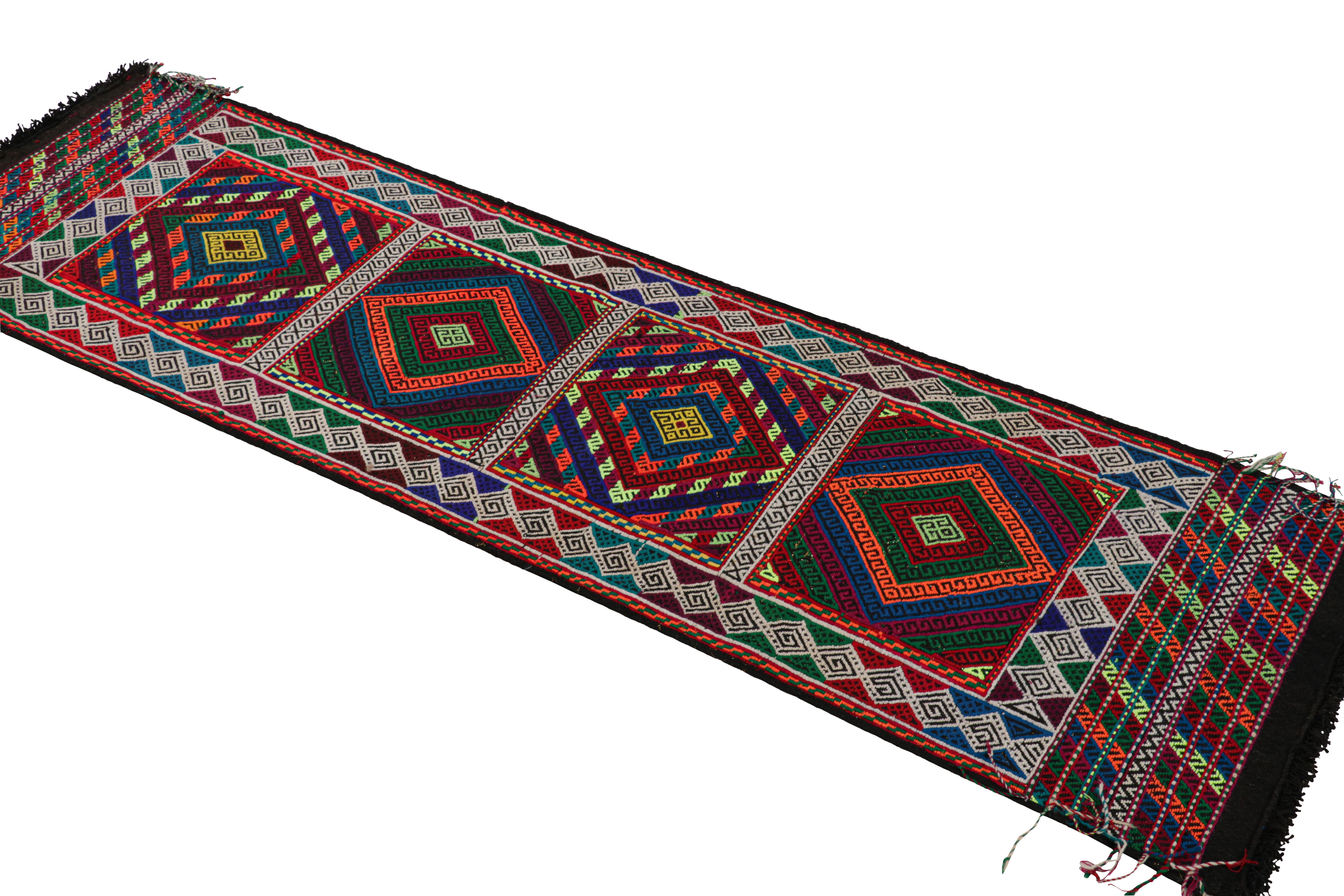 Afghan Rug & Kilim’s Contemporary Kilim Runner with Polychromatic Geometric Medallions For Sale