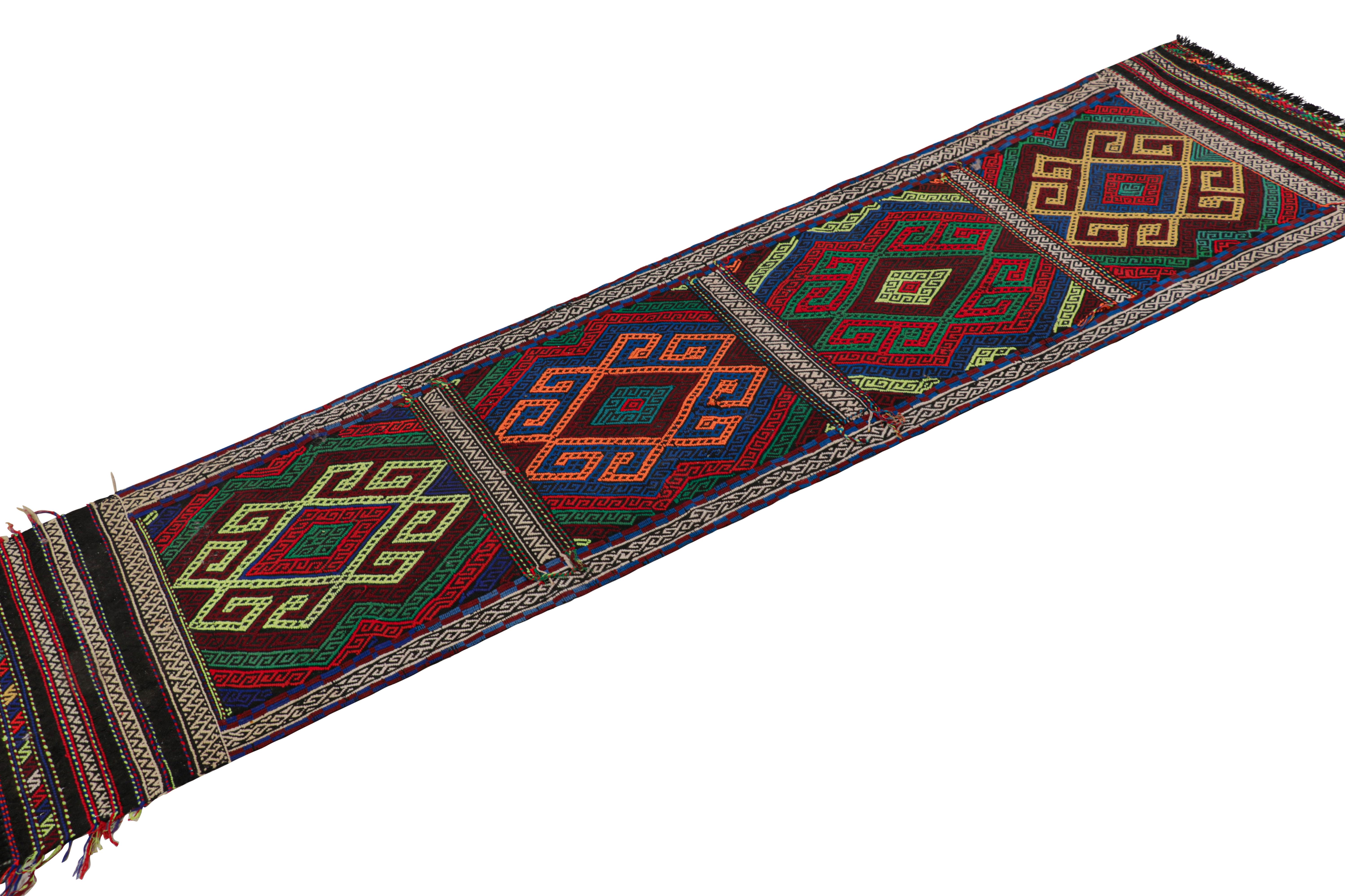 Afghan Rug & Kilim’s Contemporary Kilim Runner with Polychromatic Geometric Medallions For Sale