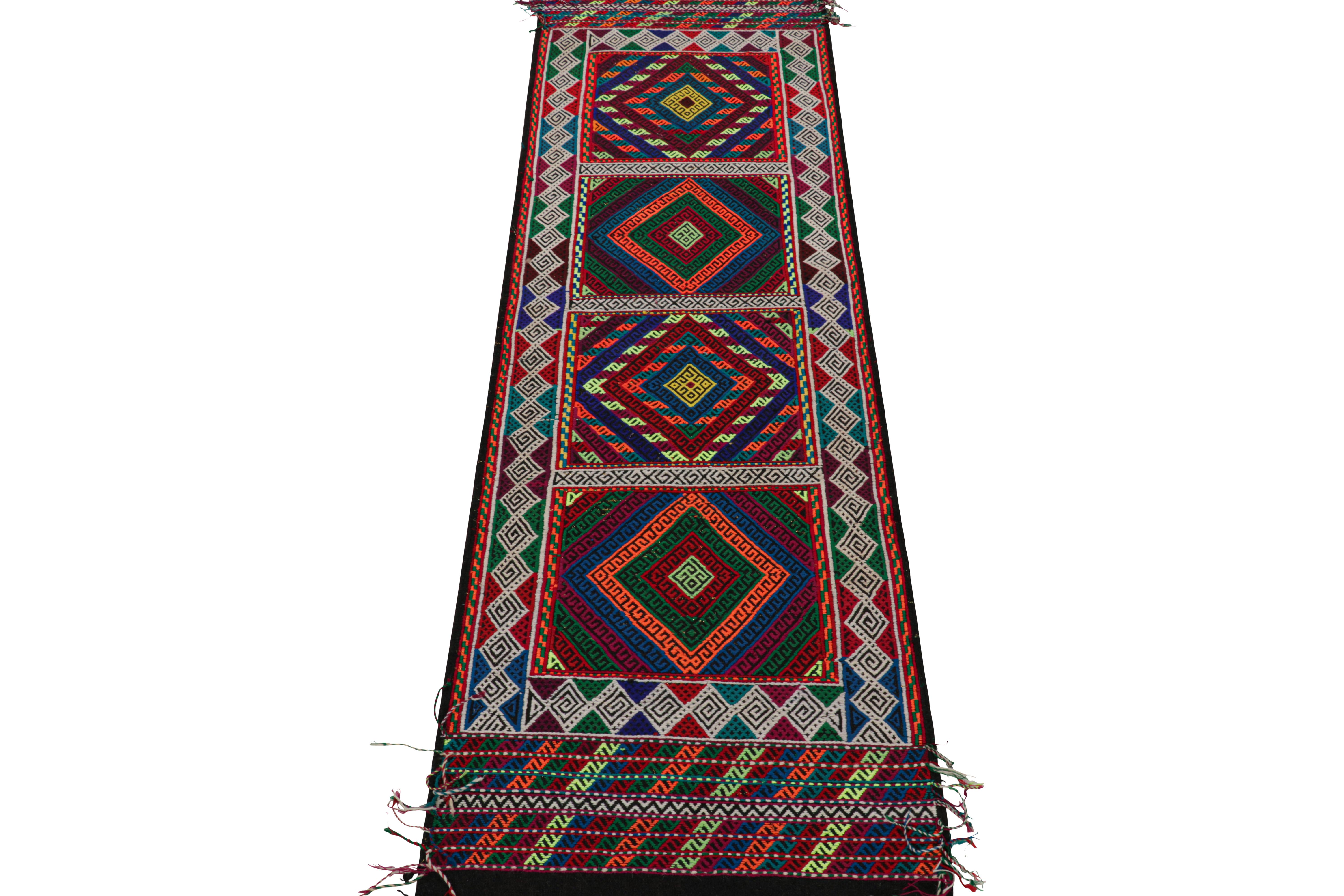 Hand-Woven Rug & Kilim’s Contemporary Kilim Runner with Polychromatic Geometric Medallions For Sale