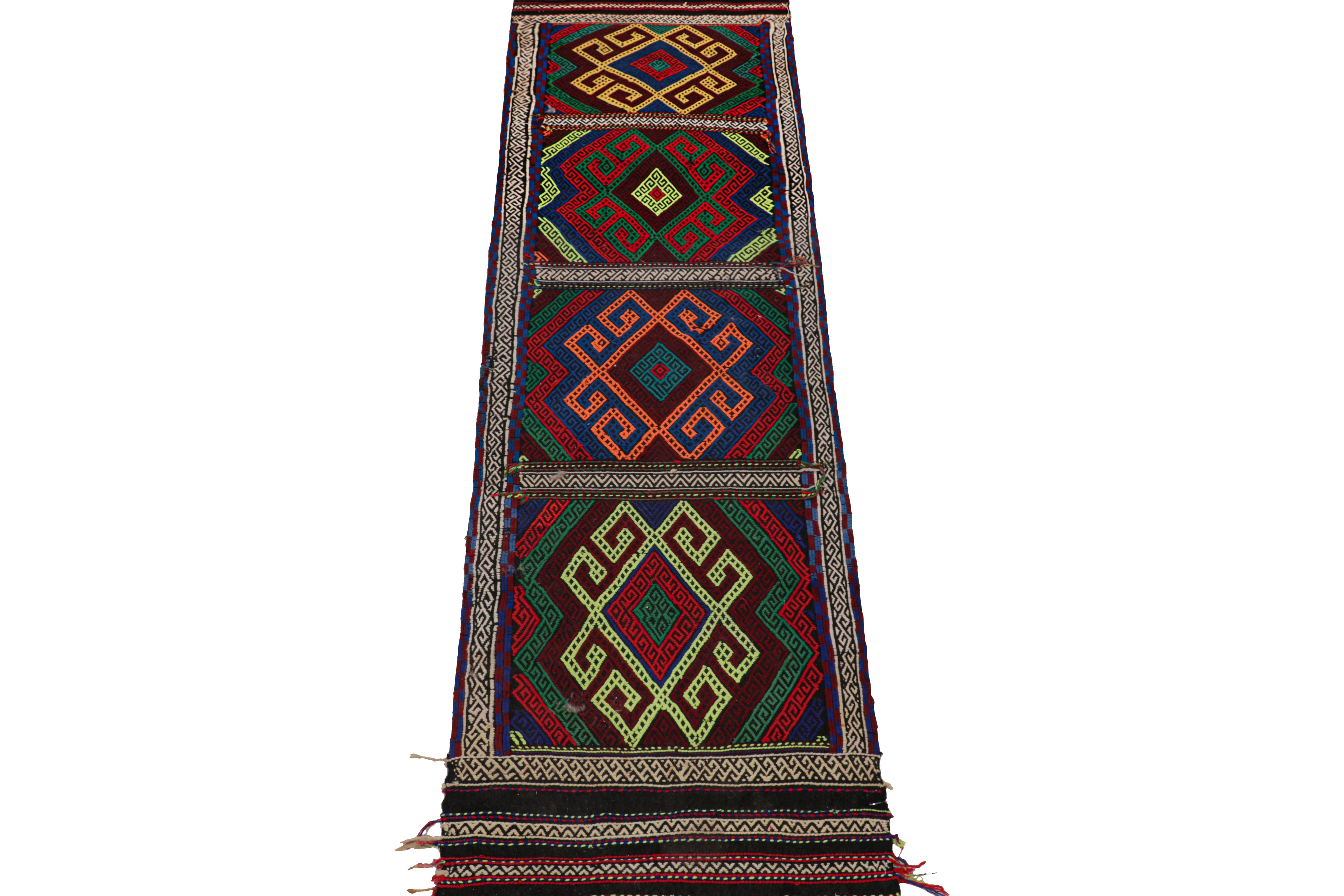 Hand-Woven Rug & Kilim’s Contemporary Kilim Runner with Polychromatic Geometric Medallions For Sale