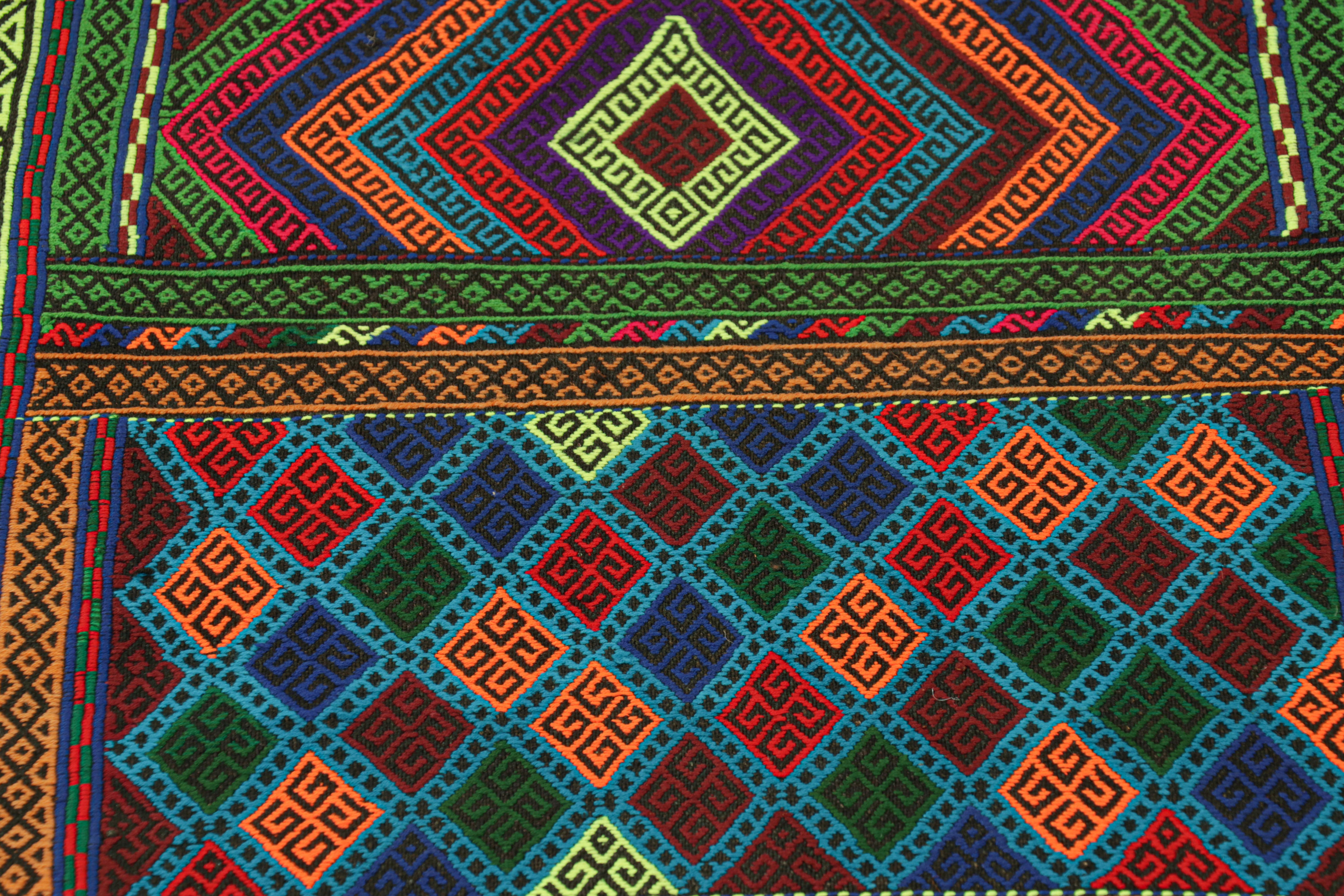 Tribal Rug & Kilim’s Contemporary Kilim Runner with Polychromatic Geometric Patterns For Sale