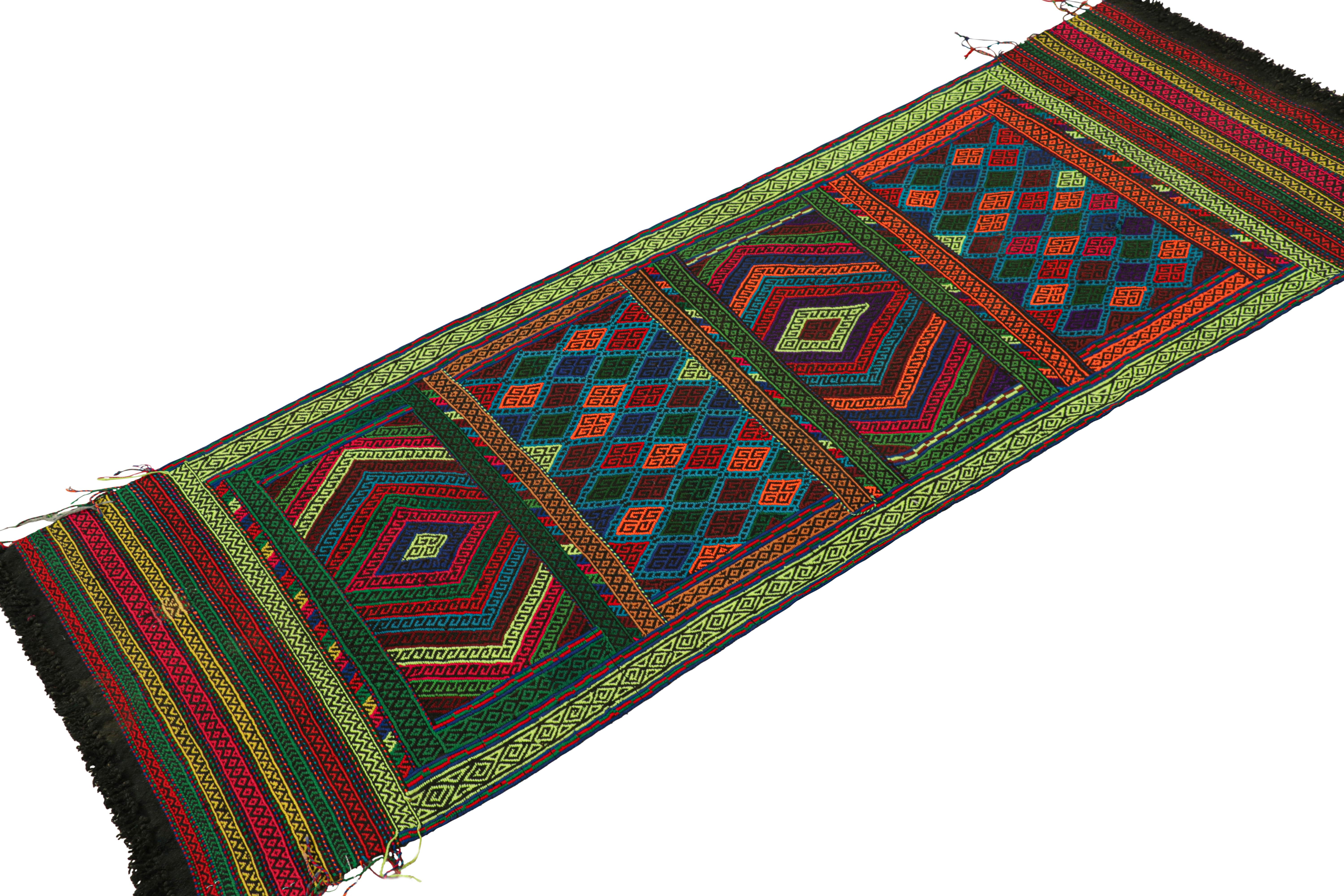 Afghan Rug & Kilim’s Contemporary Kilim Runner with Polychromatic Geometric Patterns For Sale