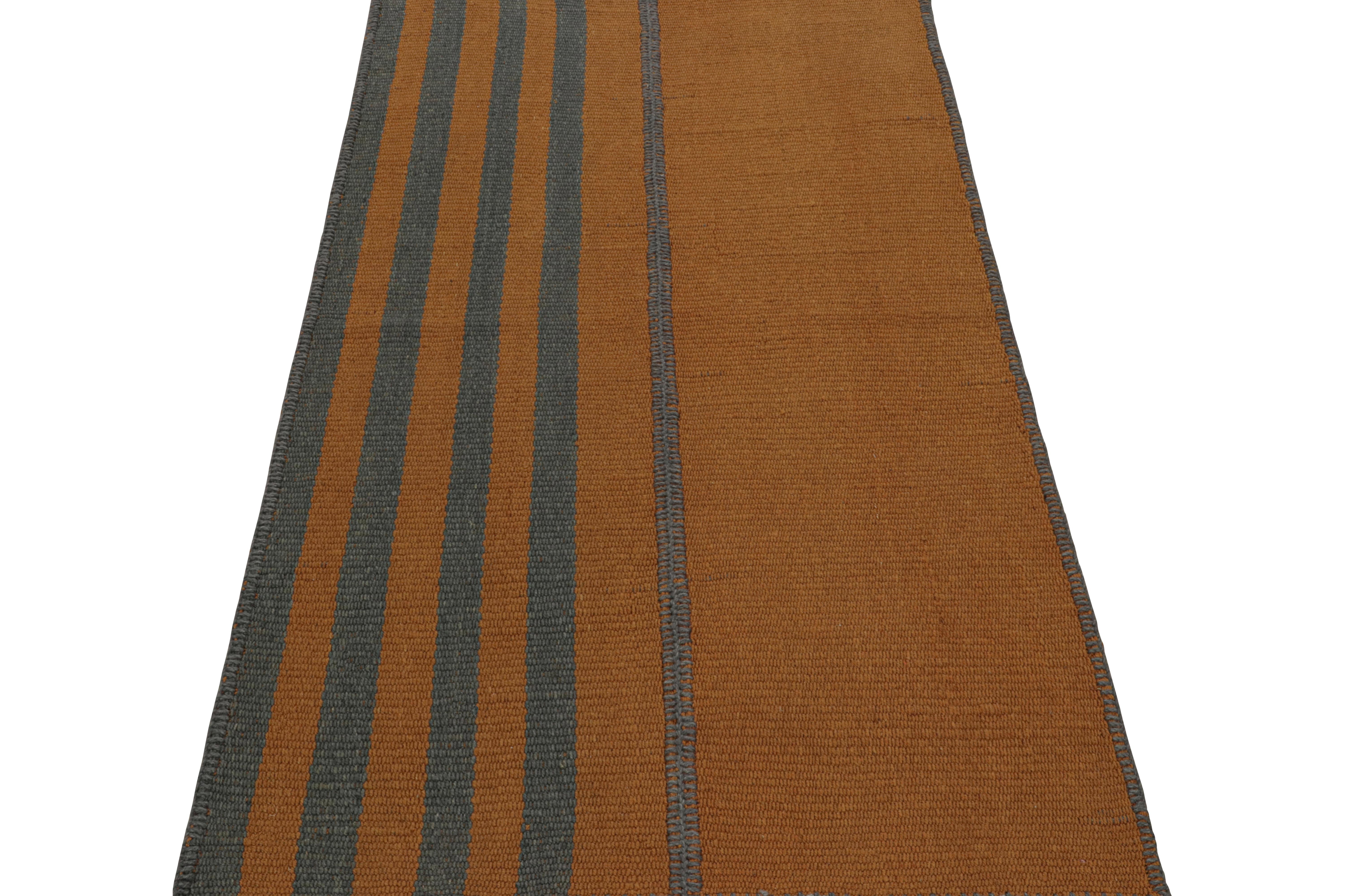 Modern Rug & Kilim’s Contemporary Kilim Scatter Rug, In Orange And Blue Stripes For Sale