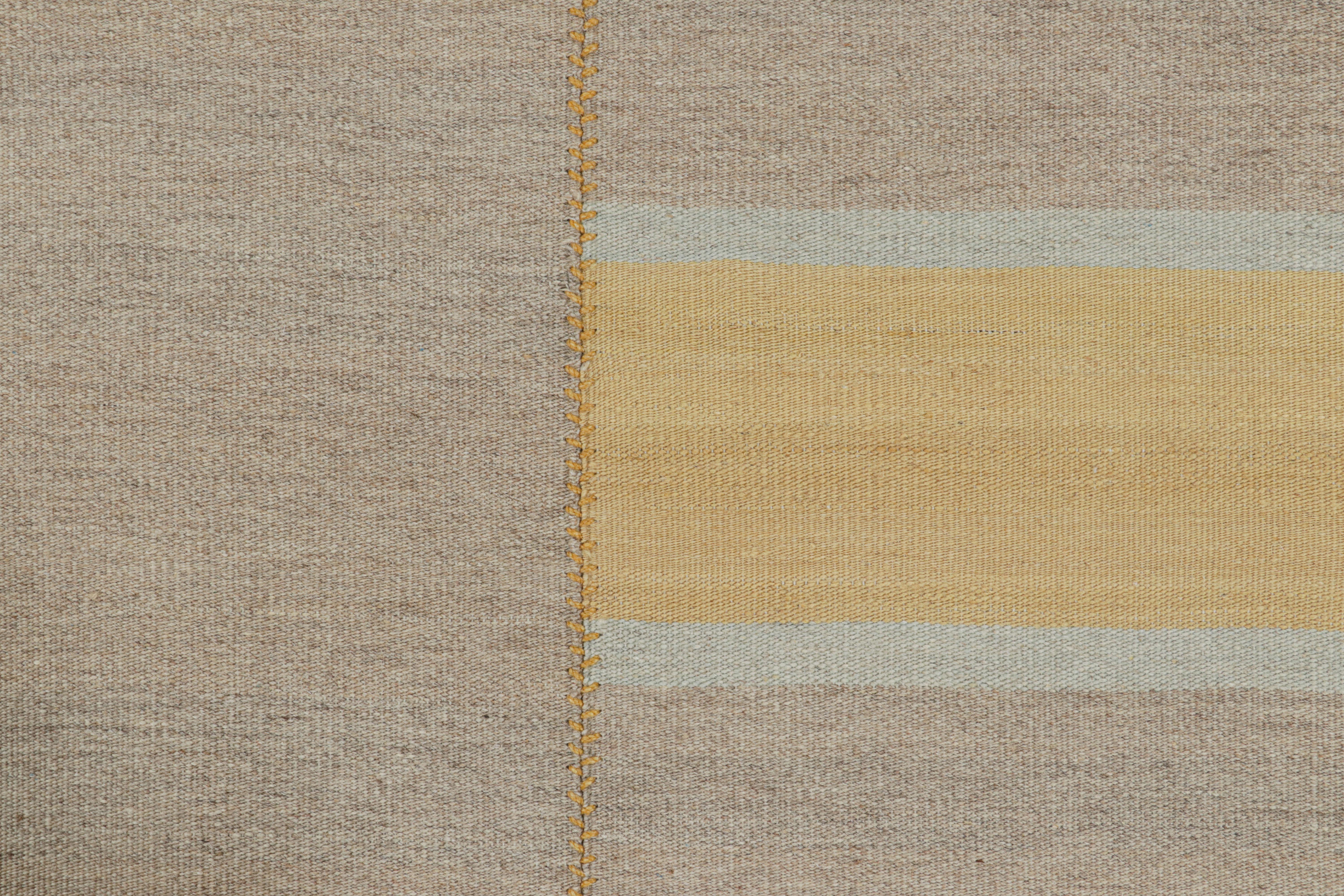 Afghan Rug & Kilim’s Contemporary Kilim, Taupe with Textural Gold Stripes, Blue Accents For Sale
