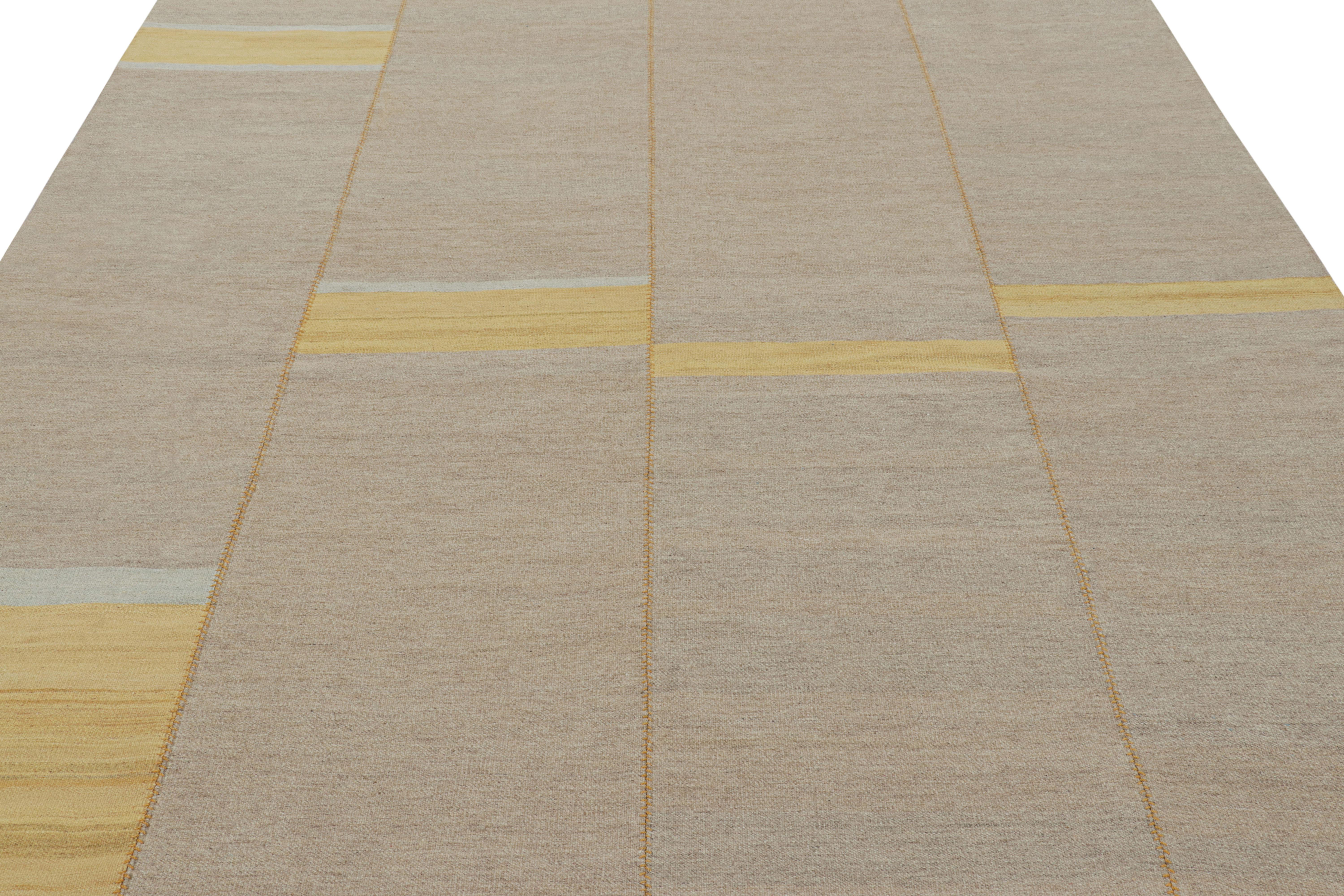Hand-Woven Rug & Kilim’s Contemporary Kilim, Taupe with Textural Gold Stripes, Blue Accents For Sale