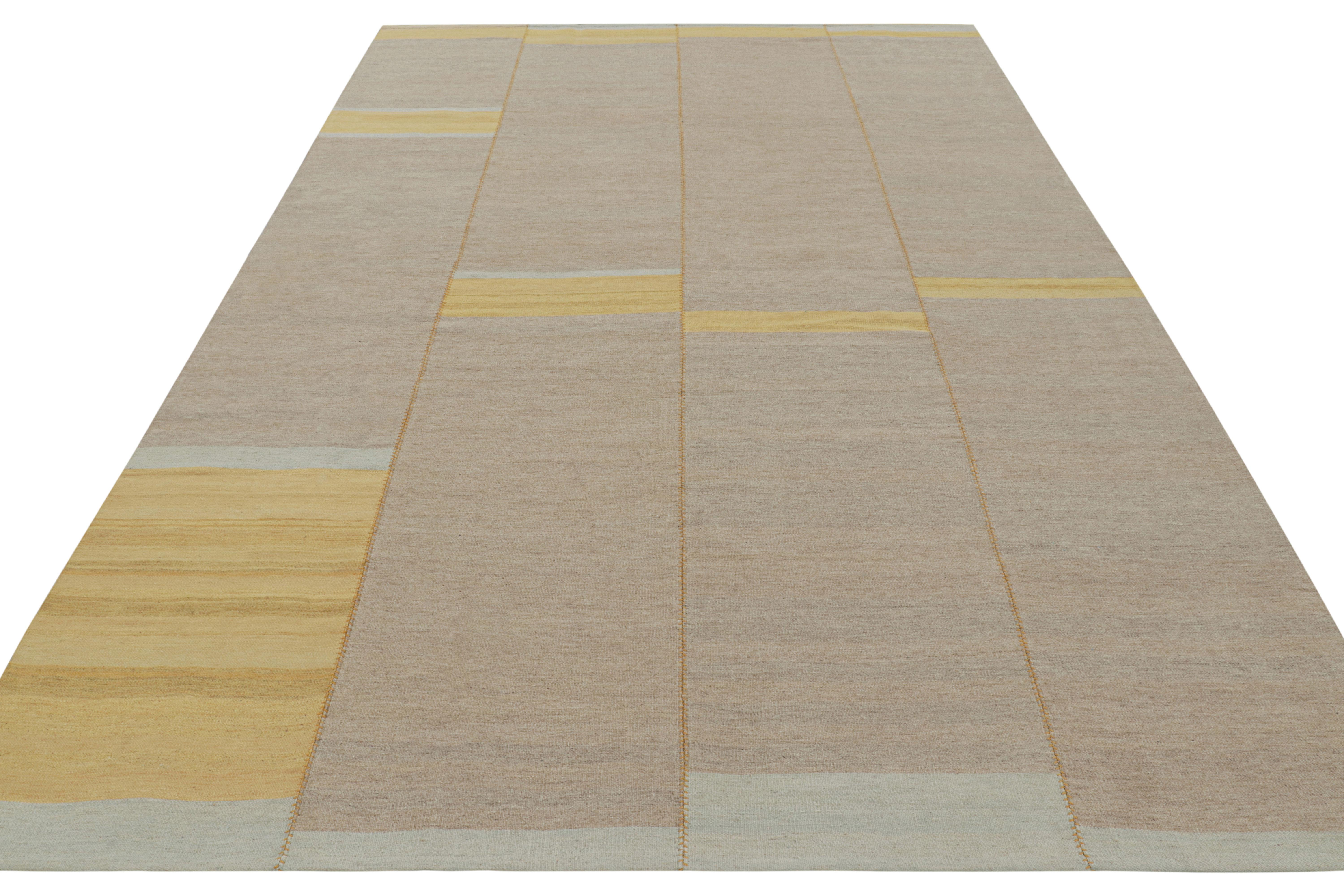 Rug & Kilim’s Contemporary Kilim, Taupe with Textural Gold Stripes, Blue Accents In New Condition For Sale In Long Island City, NY