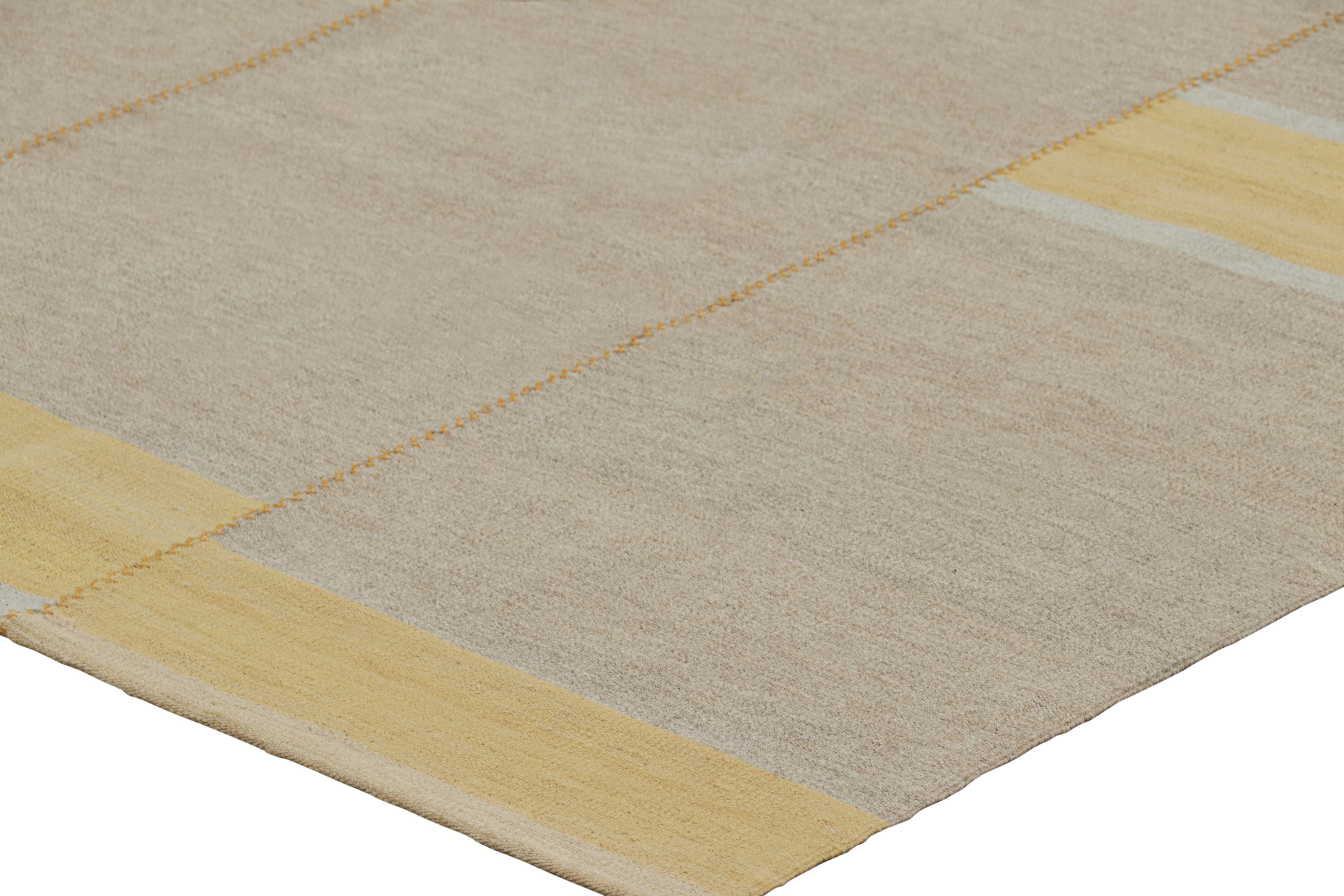 Wool Rug & Kilim’s Contemporary Kilim, Taupe with Textural Gold Stripes, Blue Accents For Sale