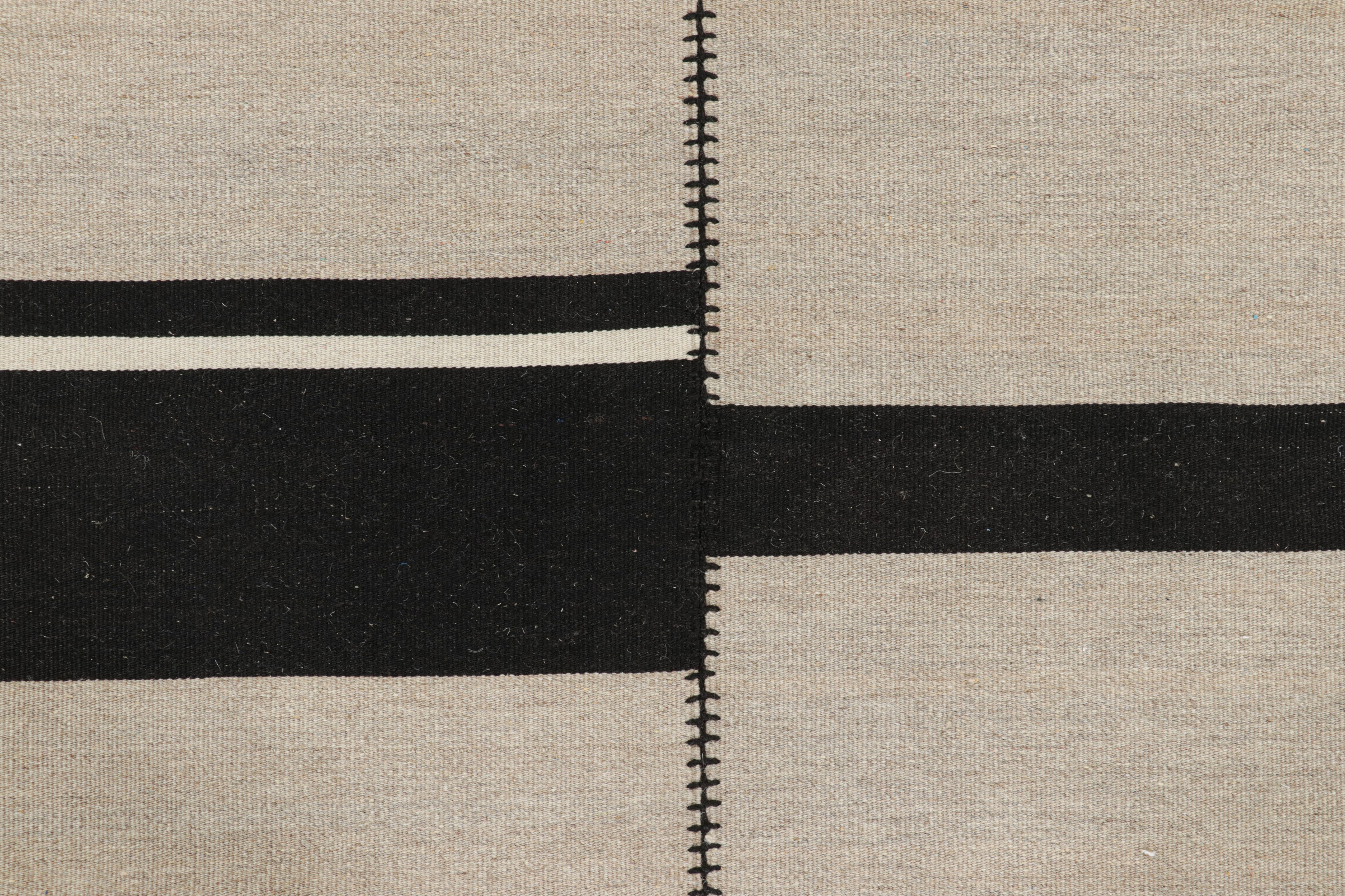 Afghan Rug & Kilim’s Contemporary Kilim, Taupe with White and Black Textural Stripes For Sale