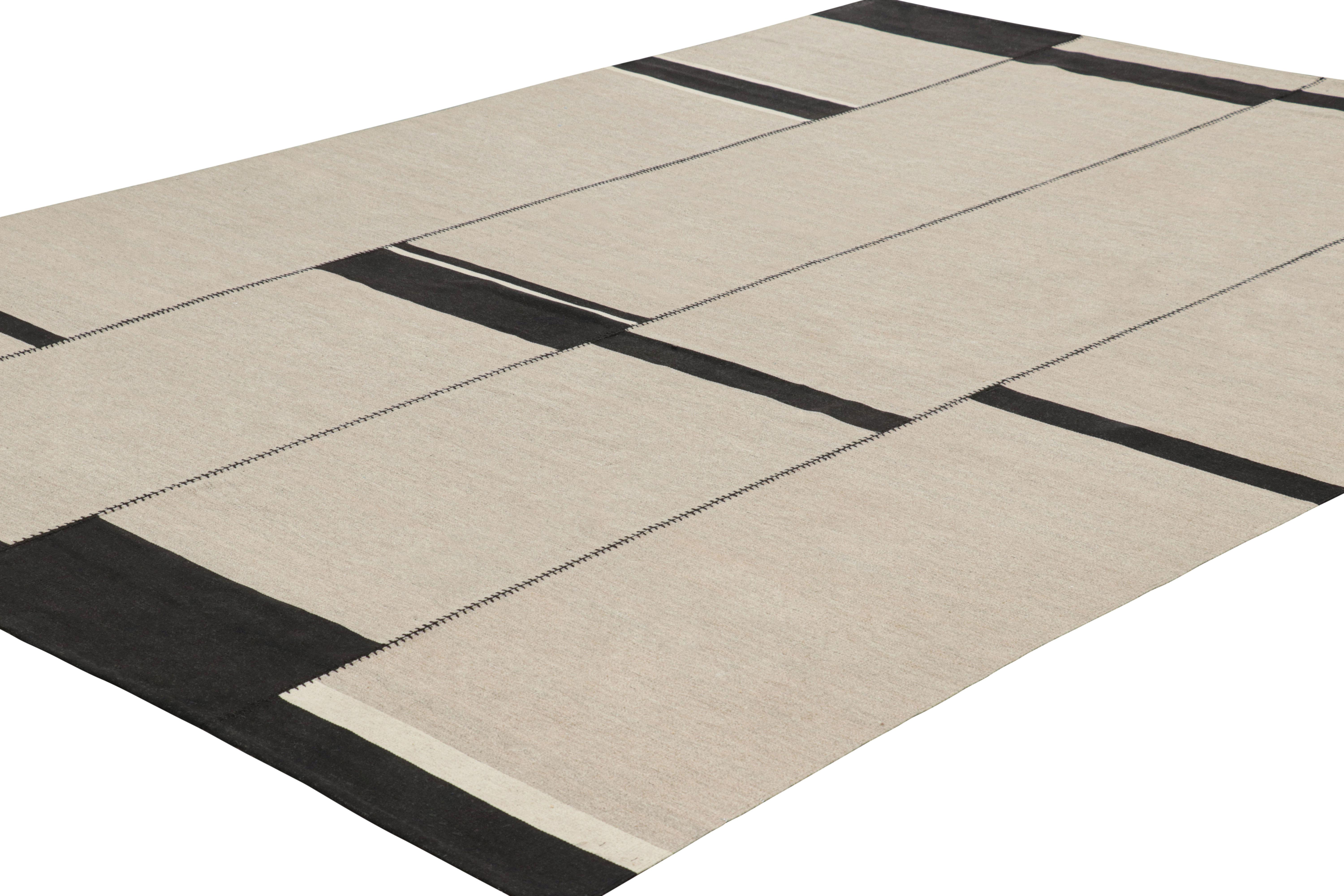 Hand-Woven Rug & Kilim’s Contemporary Kilim, Taupe with White and Black Textural Stripes For Sale