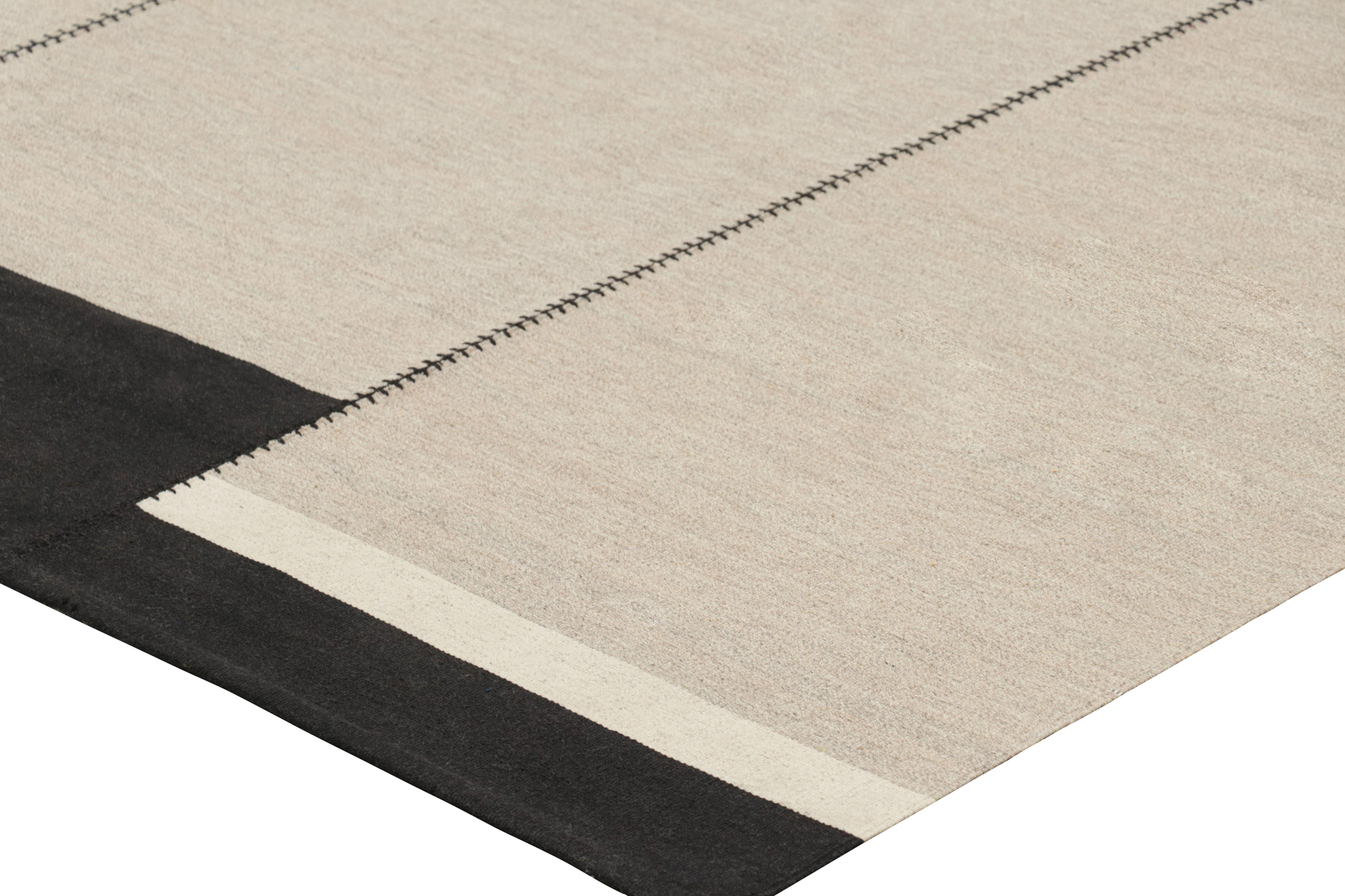 Wool Rug & Kilim’s Contemporary Kilim, Taupe with White and Black Textural Stripes For Sale
