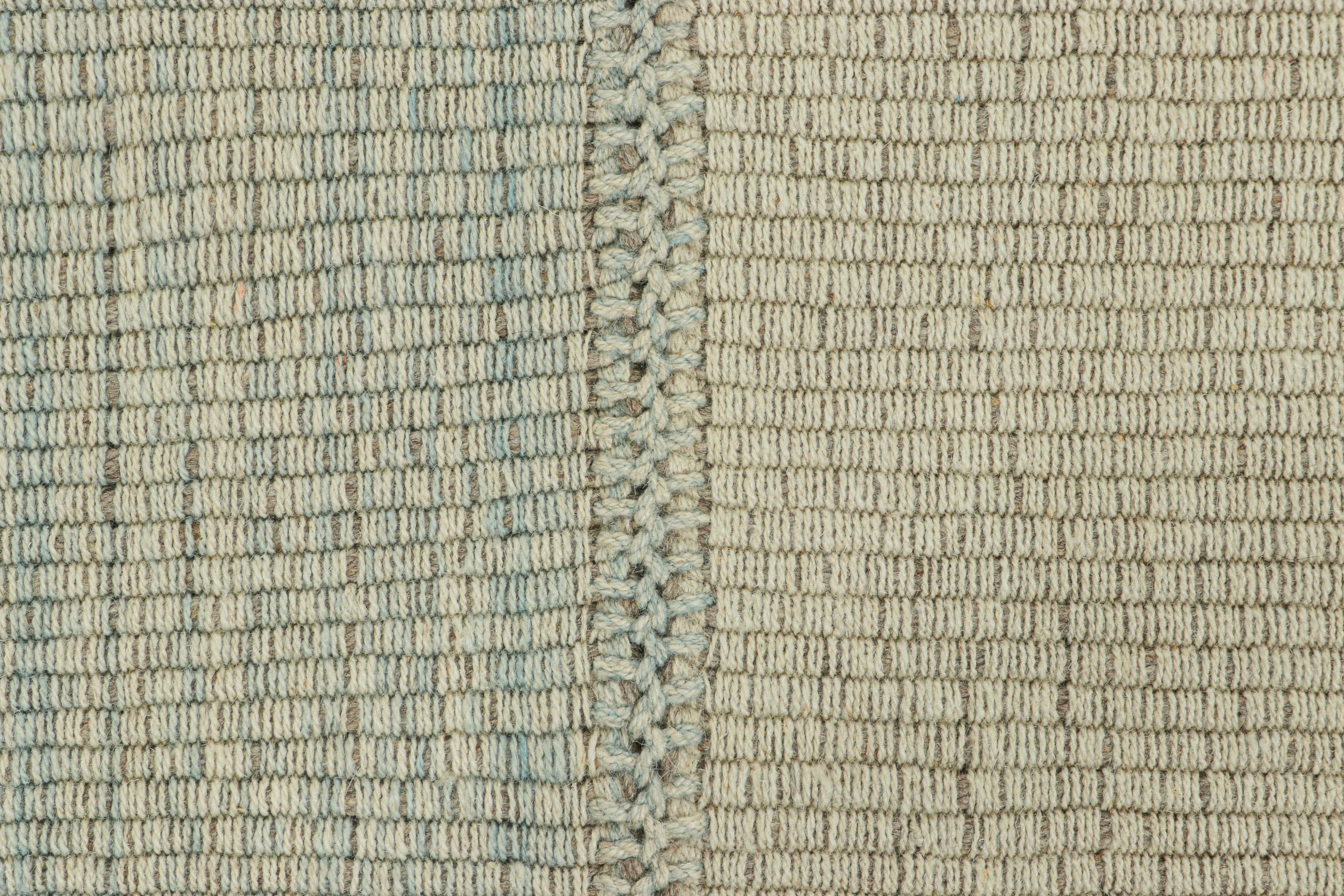 Afghan Rug & Kilim’s Contemporary Kilim, Textural Blue and Cream Stripes, Beige Accents For Sale