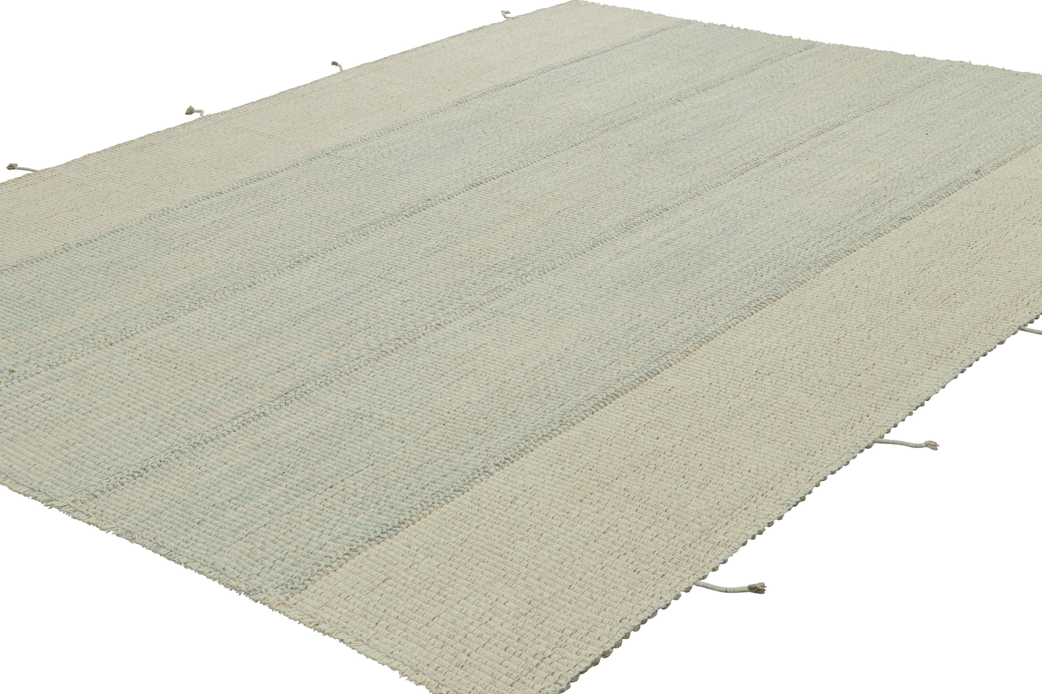Hand-Woven Rug & Kilim’s Contemporary Kilim, Textural Blue and Cream Stripes, Beige Accents For Sale