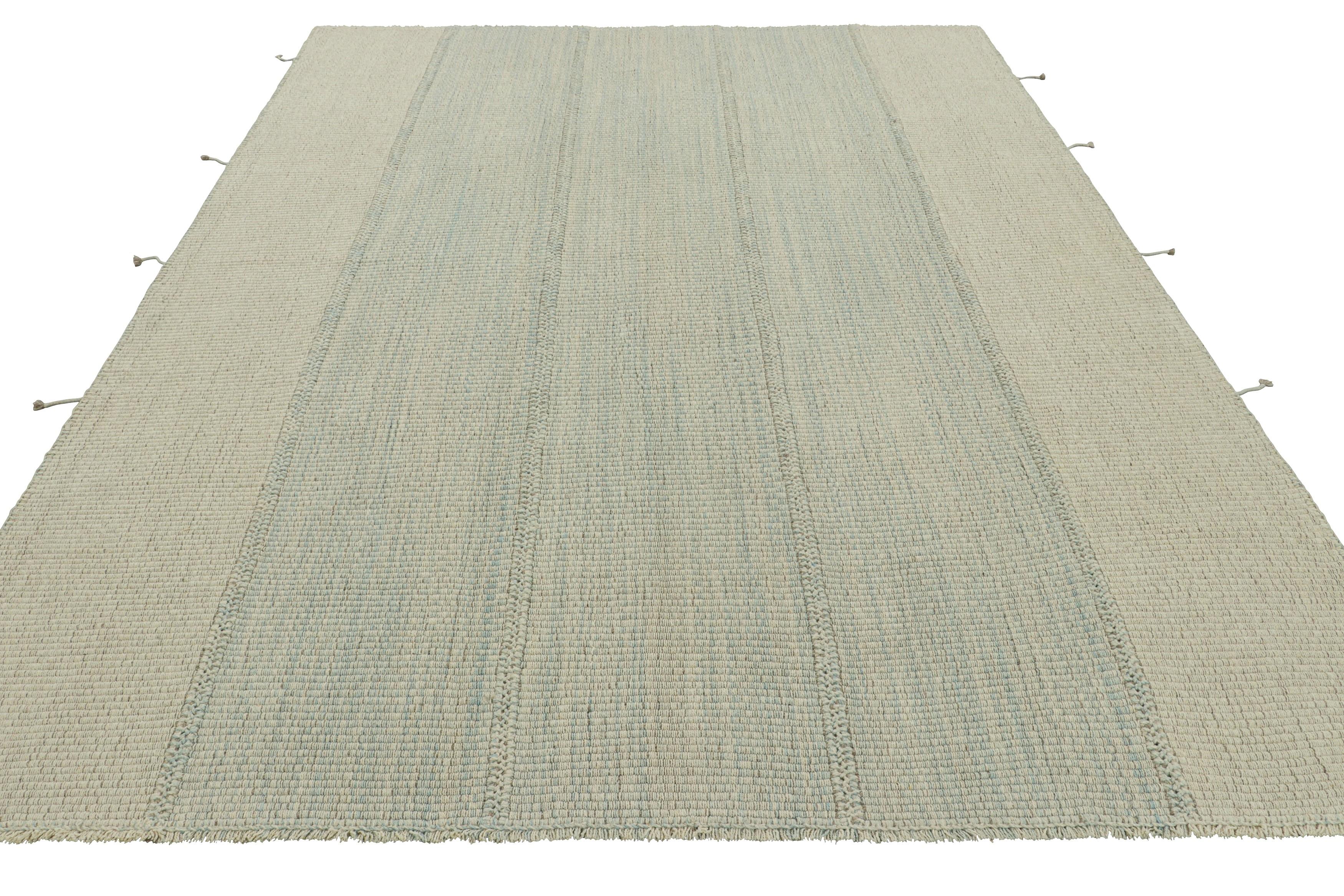 Rug & Kilim’s Contemporary Kilim, Textural Blue and Cream Stripes, Beige Accents In New Condition For Sale In Long Island City, NY