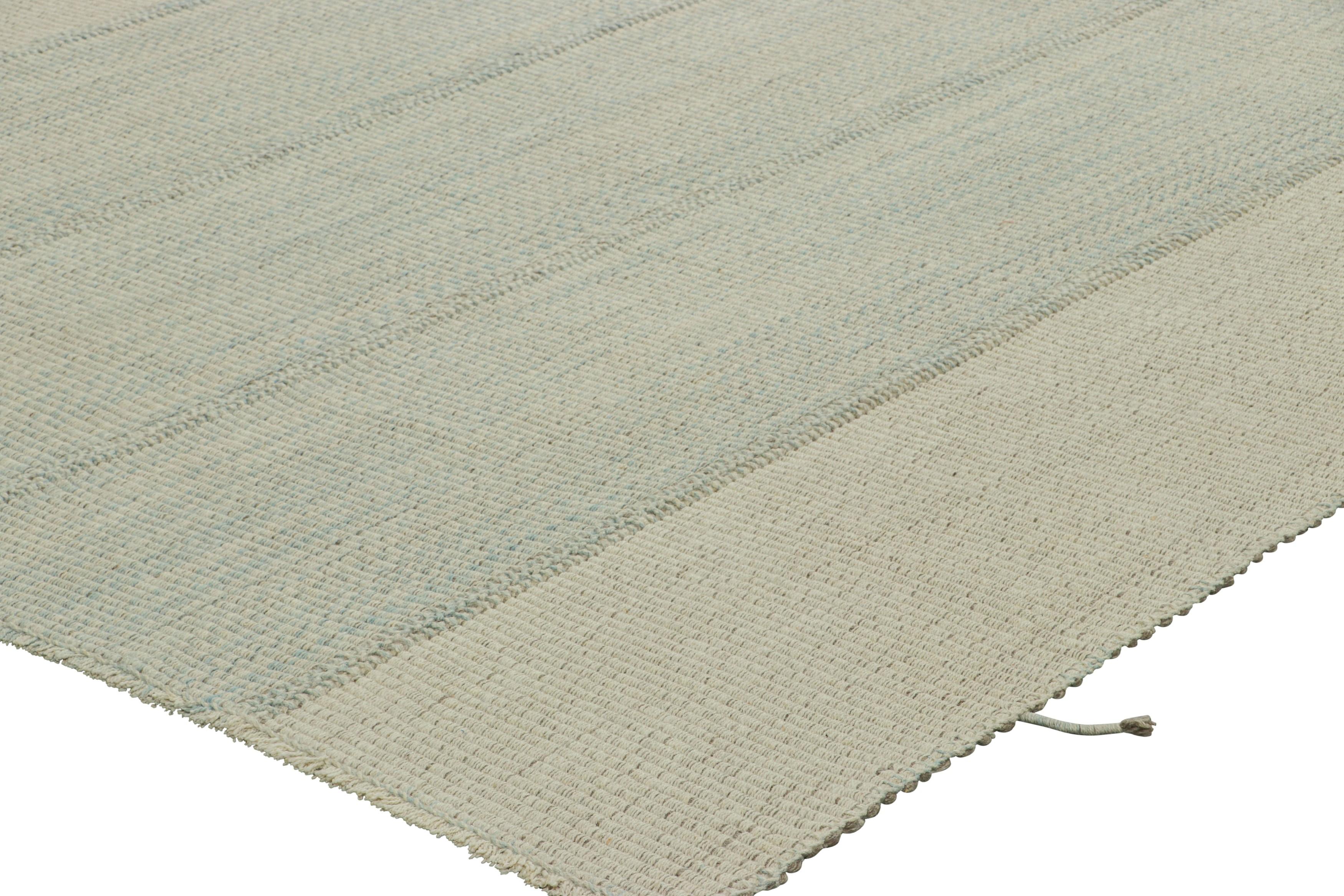 Wool Rug & Kilim’s Contemporary Kilim, Textural Blue and Cream Stripes, Beige Accents For Sale
