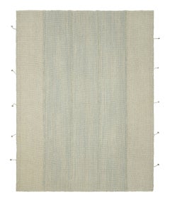 Rug & Kilim’s Contemporary Kilim, Textural Blue and Cream Stripes, Beige Accents