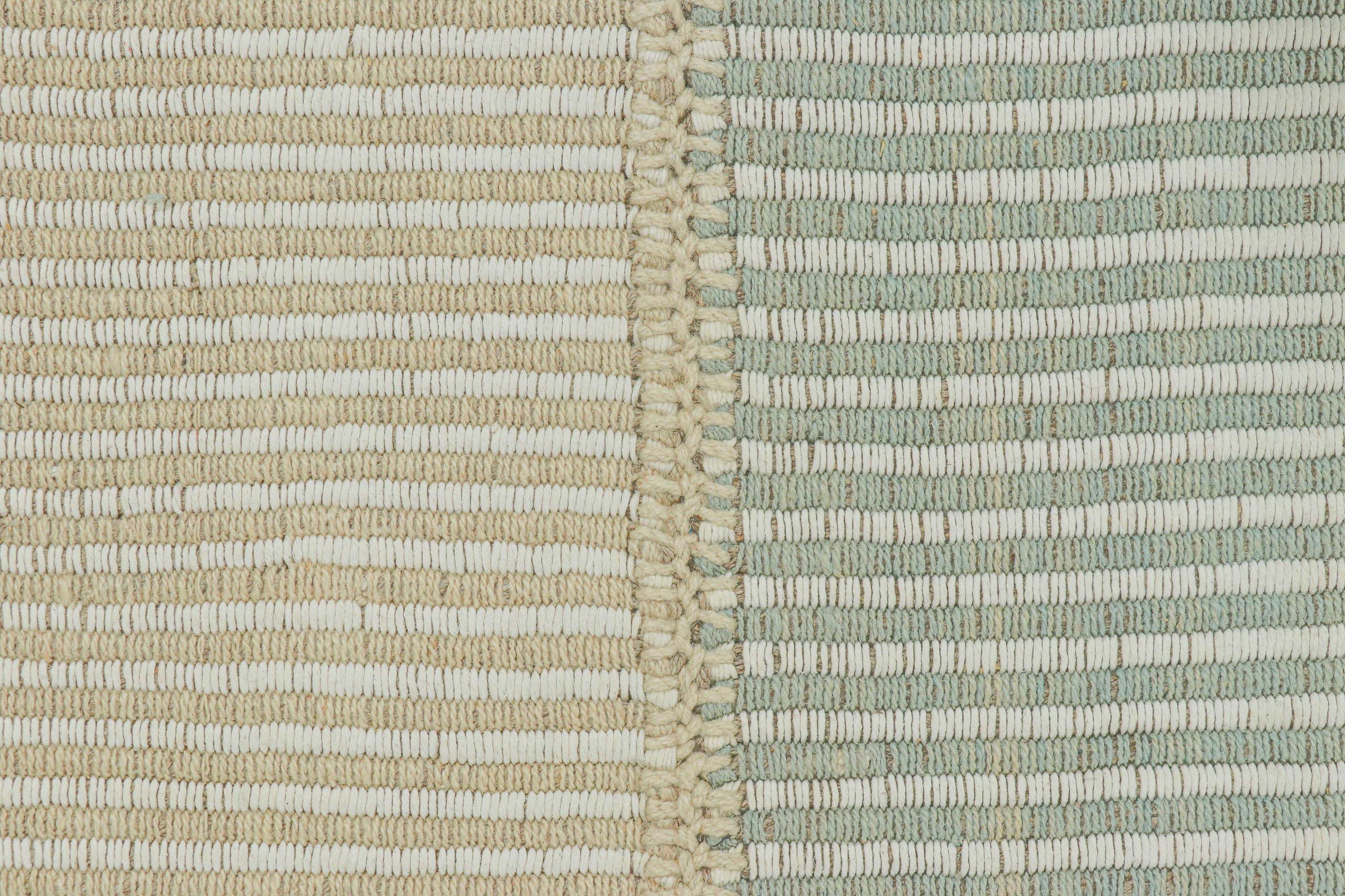 Afghan Rug & Kilim’s Contemporary Kilim, Textural Cream and Blue Stripes, Beige Accents For Sale