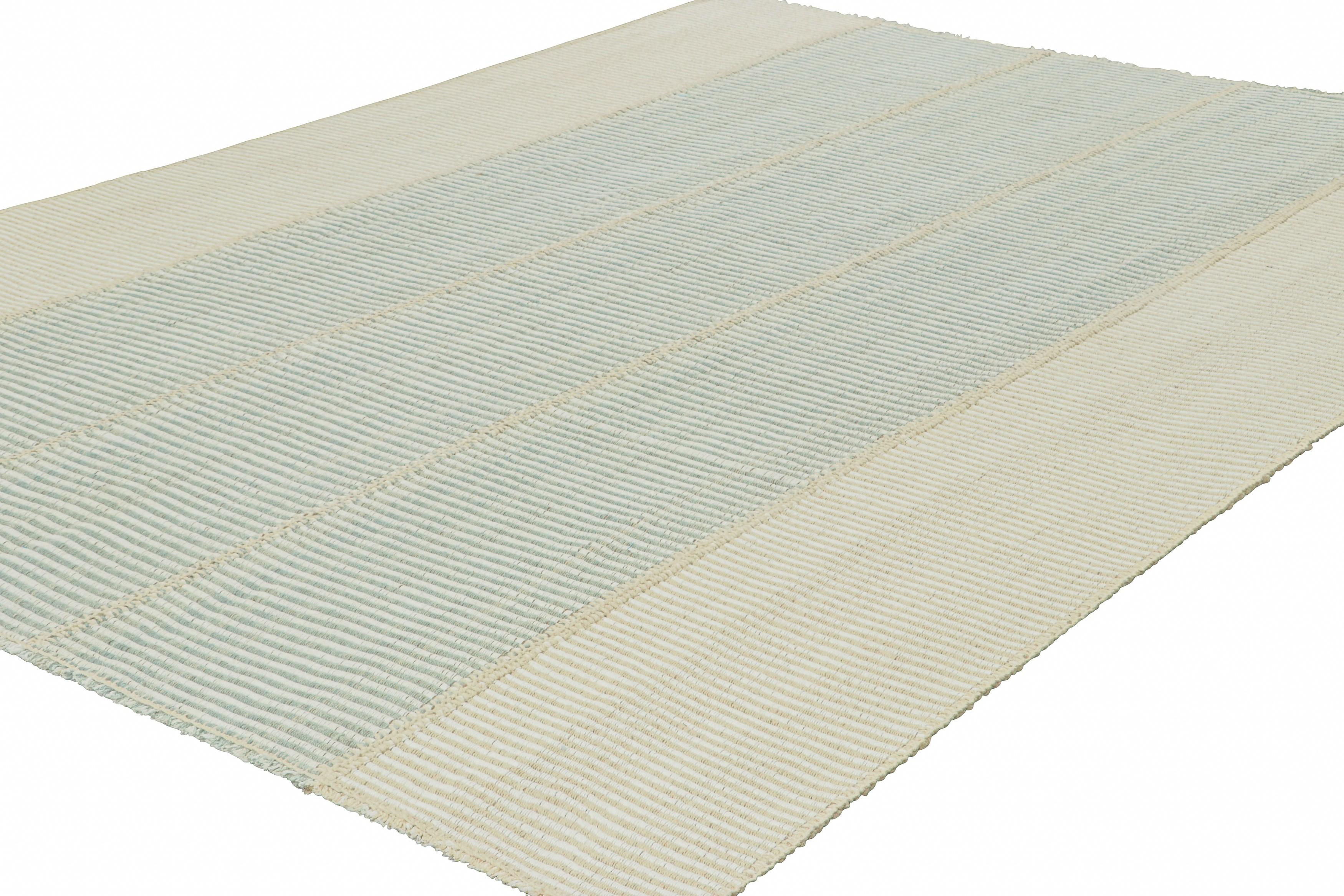 Hand-Woven Rug & Kilim’s Contemporary Kilim, Textural Cream and Blue Stripes, Beige Accents For Sale