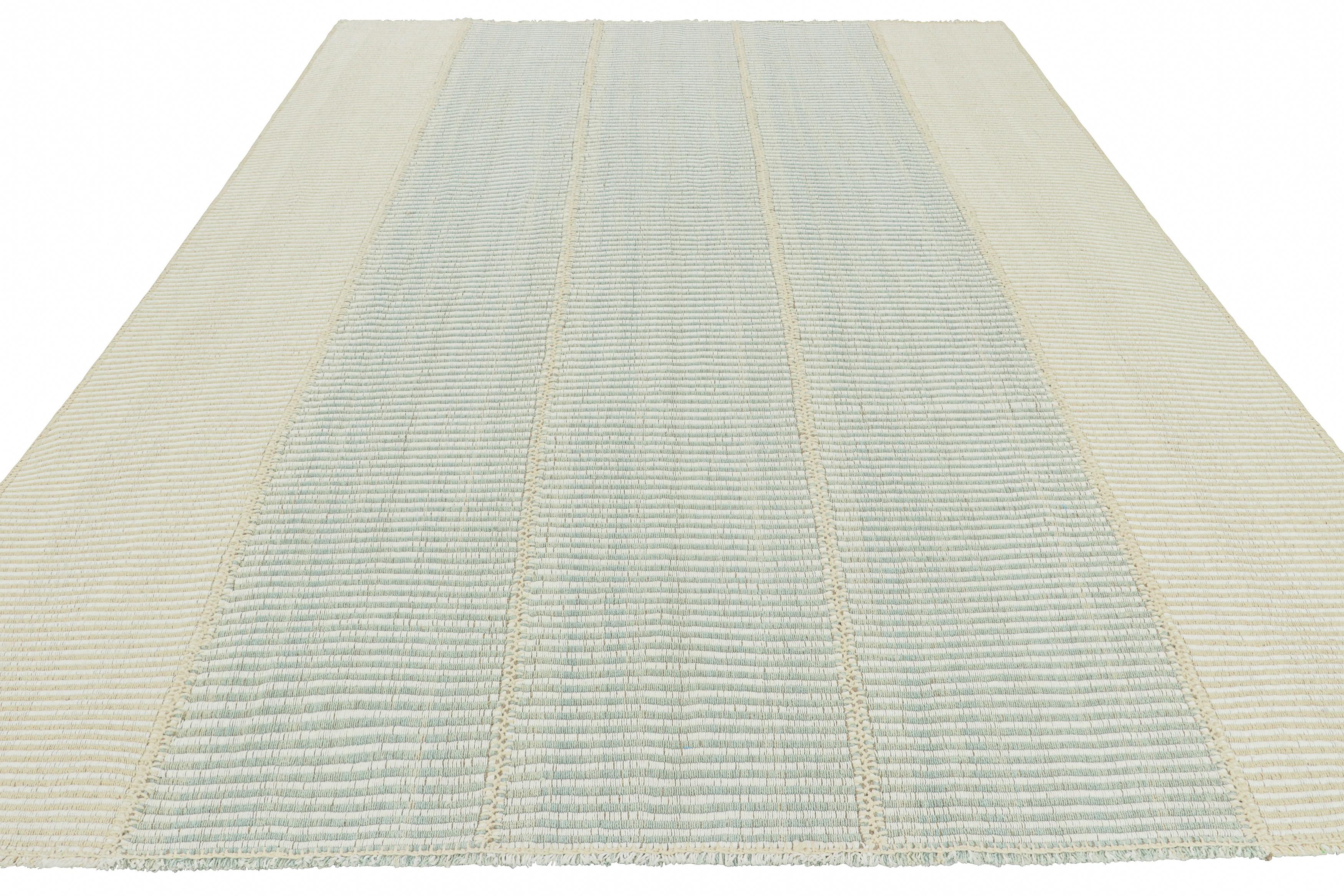 Rug & Kilim’s Contemporary Kilim, Textural Cream and Blue Stripes, Beige Accents In New Condition For Sale In Long Island City, NY