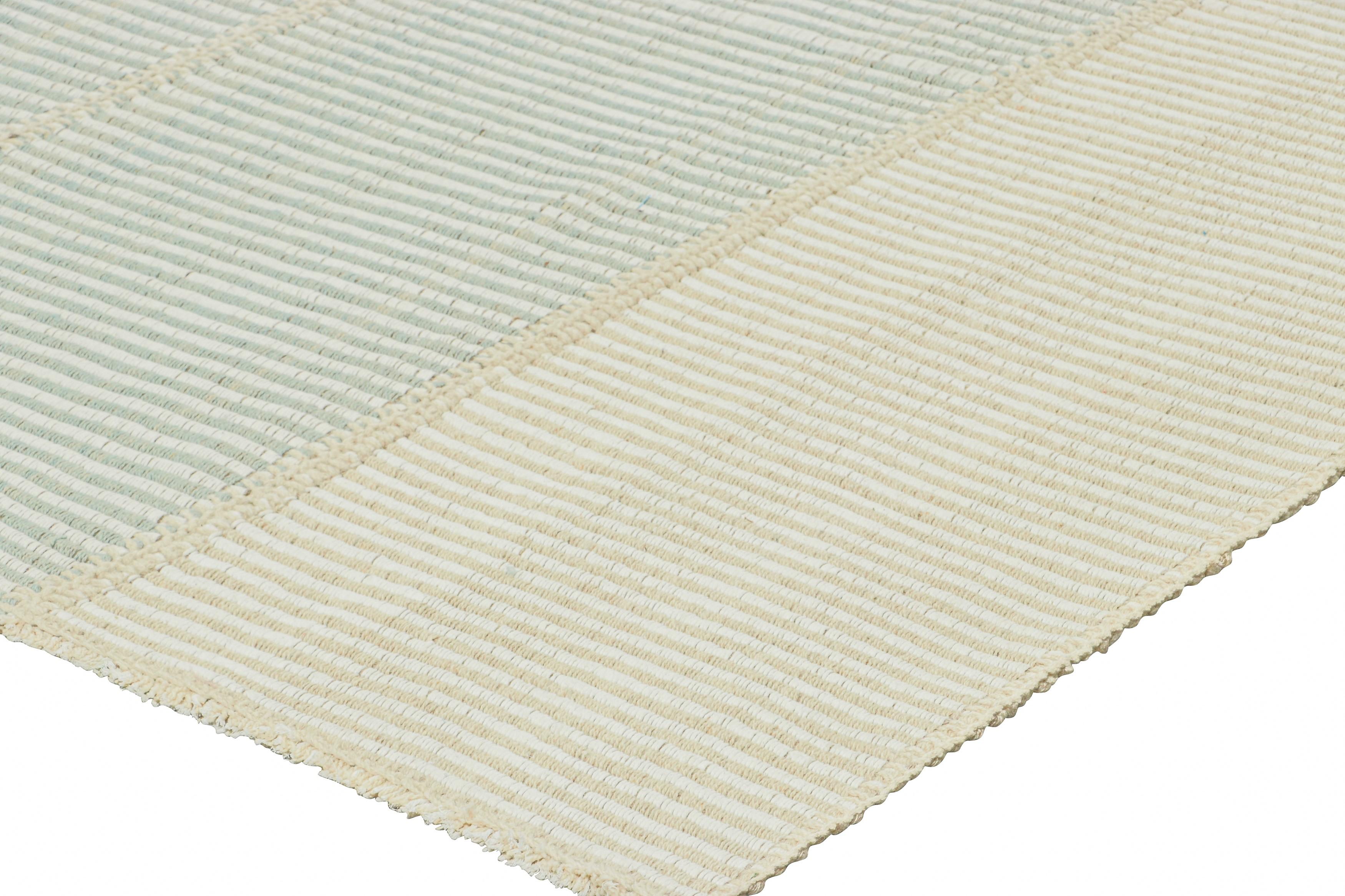 Wool Rug & Kilim’s Contemporary Kilim, Textural Cream and Blue Stripes, Beige Accents For Sale