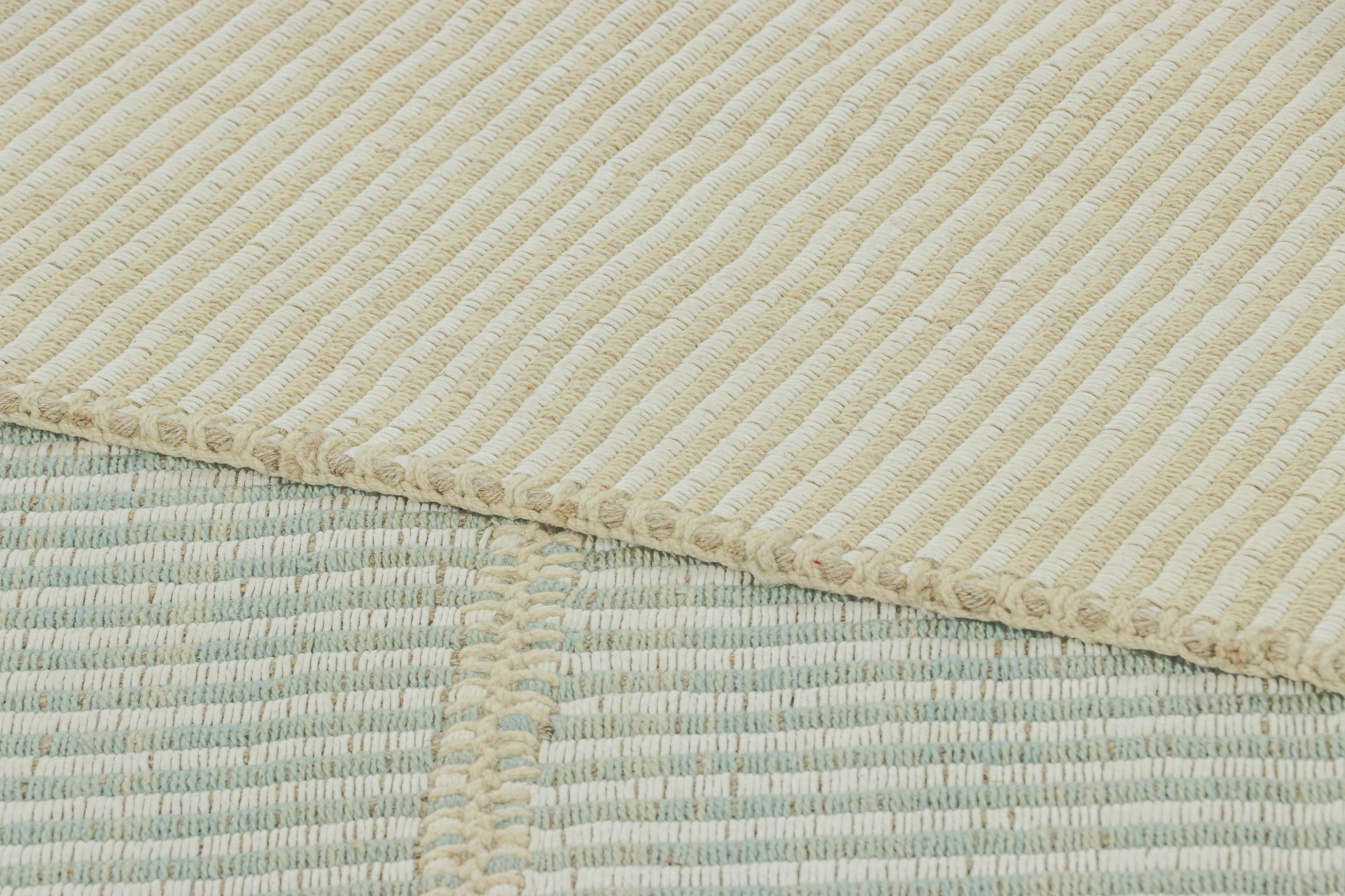 Rug & Kilim’s Contemporary Kilim, Textural Cream and Blue Stripes, Beige Accents For Sale 1
