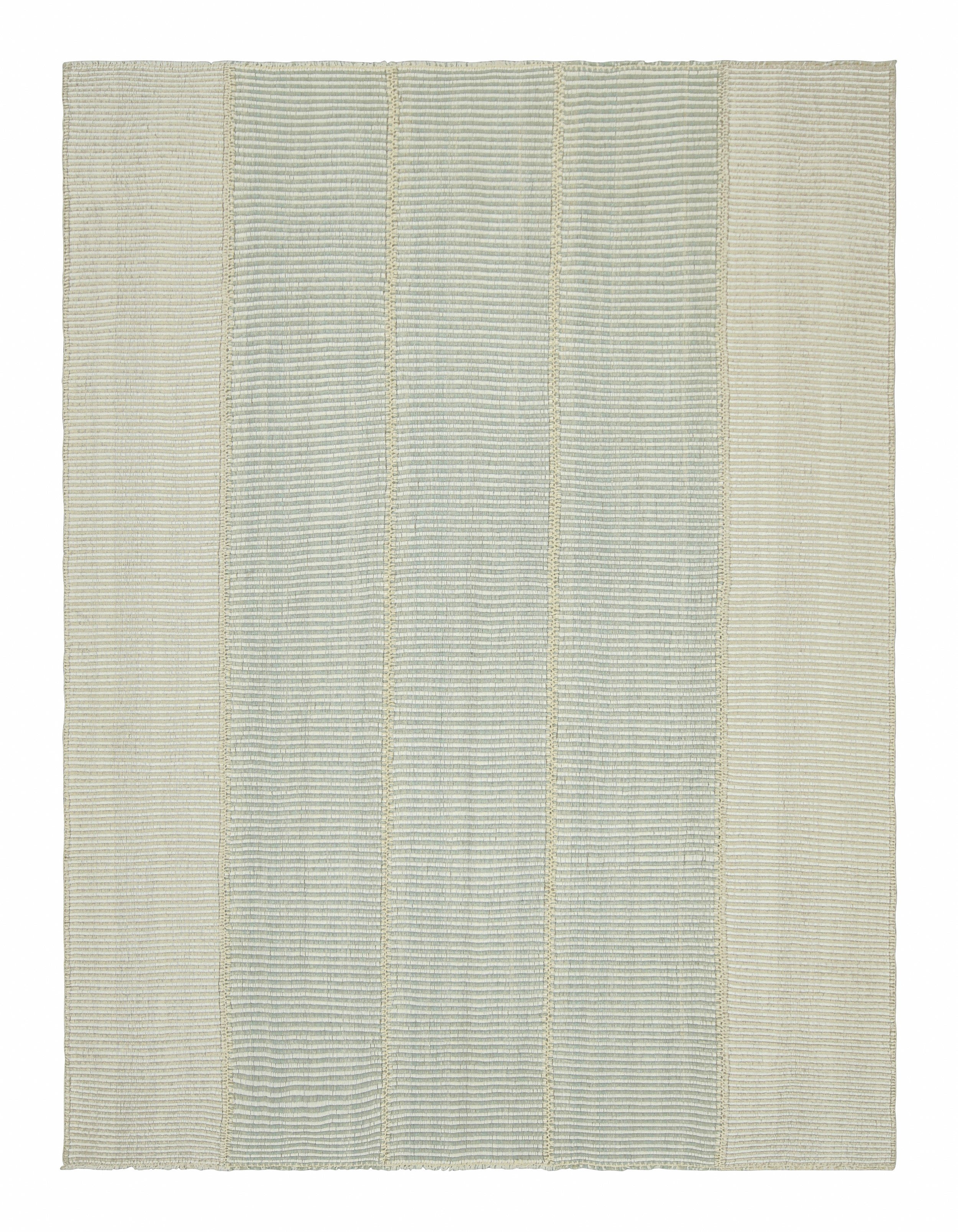 Rug & Kilim’s Contemporary Kilim, Textural Cream and Blue Stripes, Beige Accents