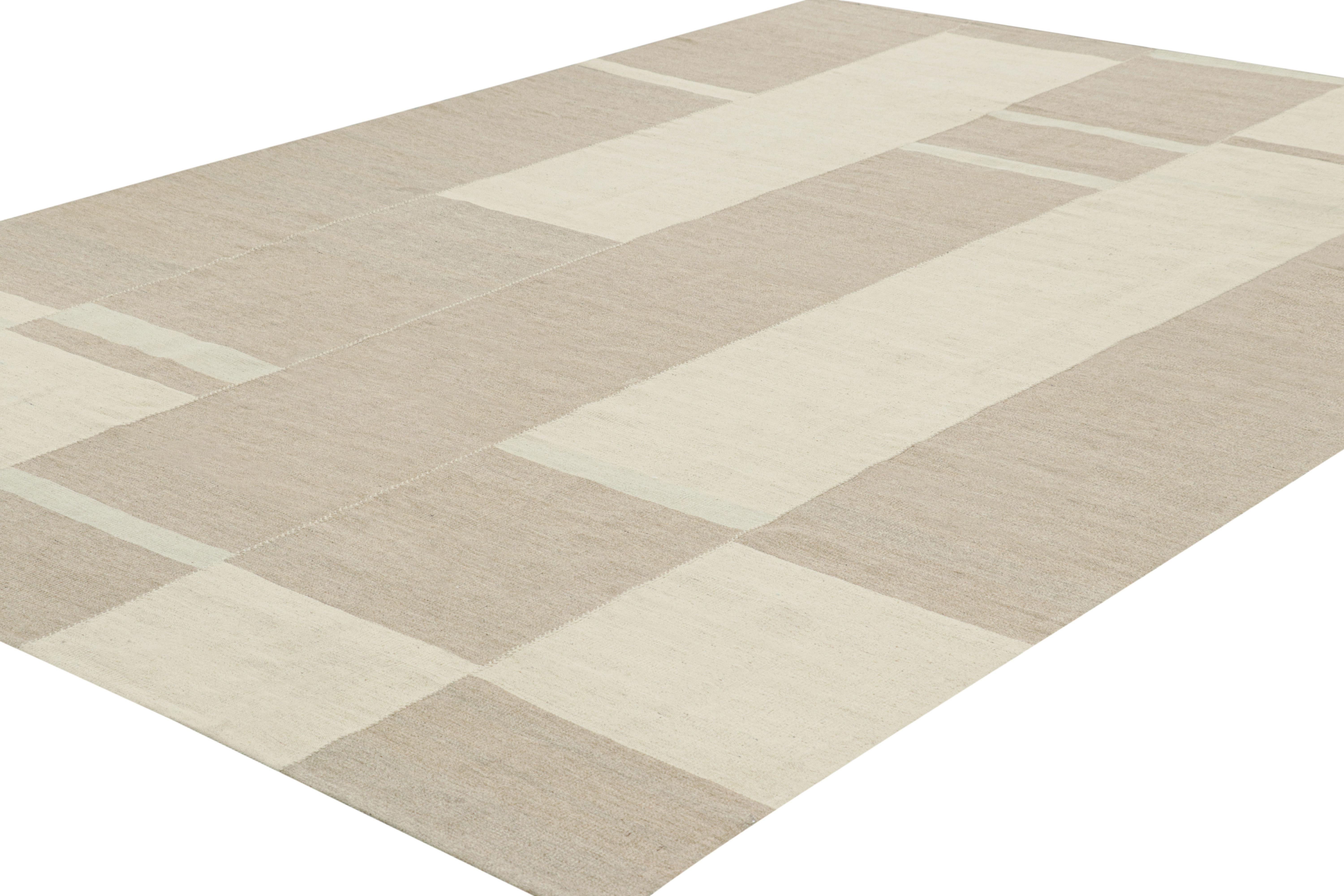 Hand-Woven Rug & Kilim’s Contemporary Kilim, Textural Cream White and Beige-Brown Stripes For Sale