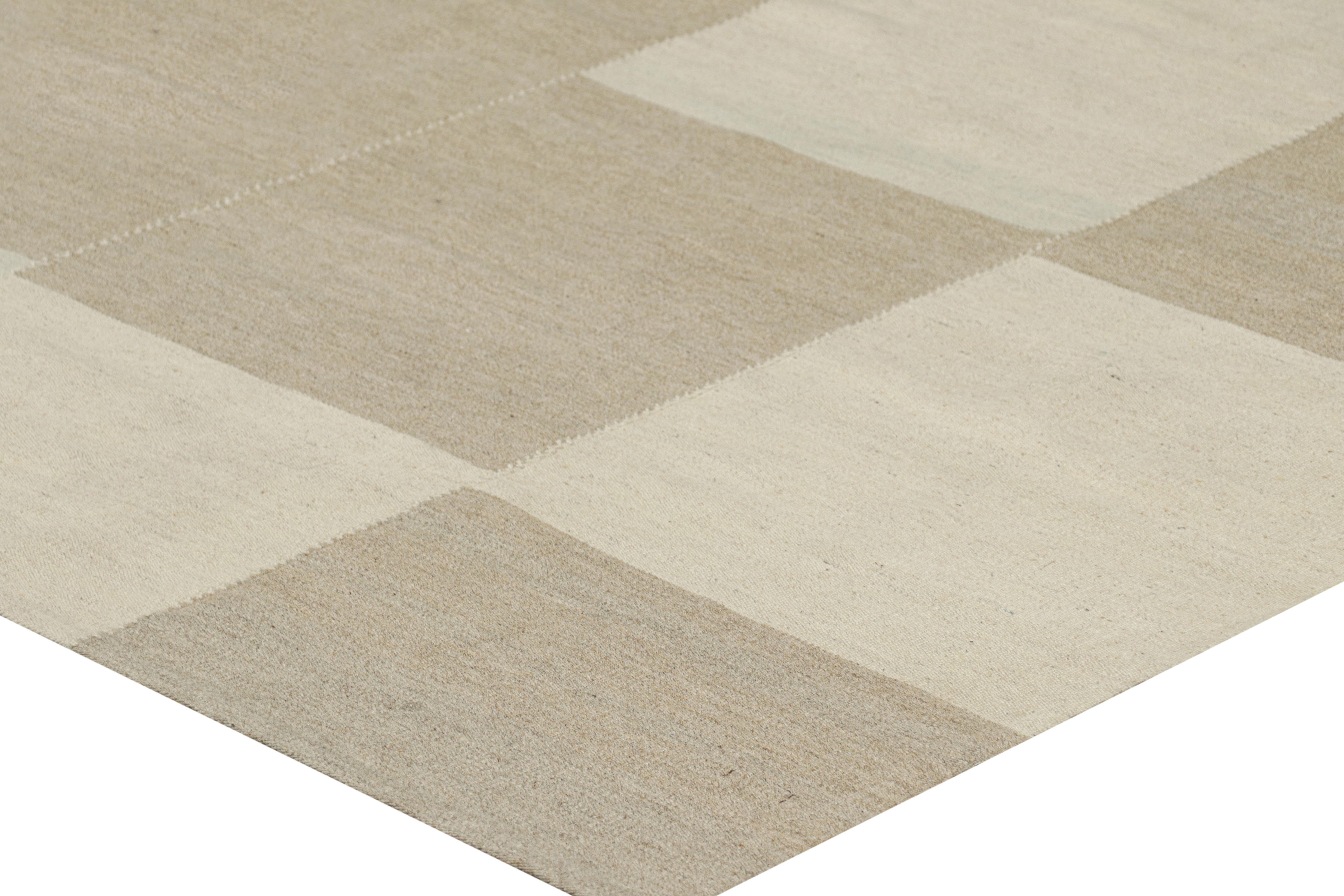 Wool Rug & Kilim’s Contemporary Kilim, Textural Cream White and Beige-Brown Stripes For Sale