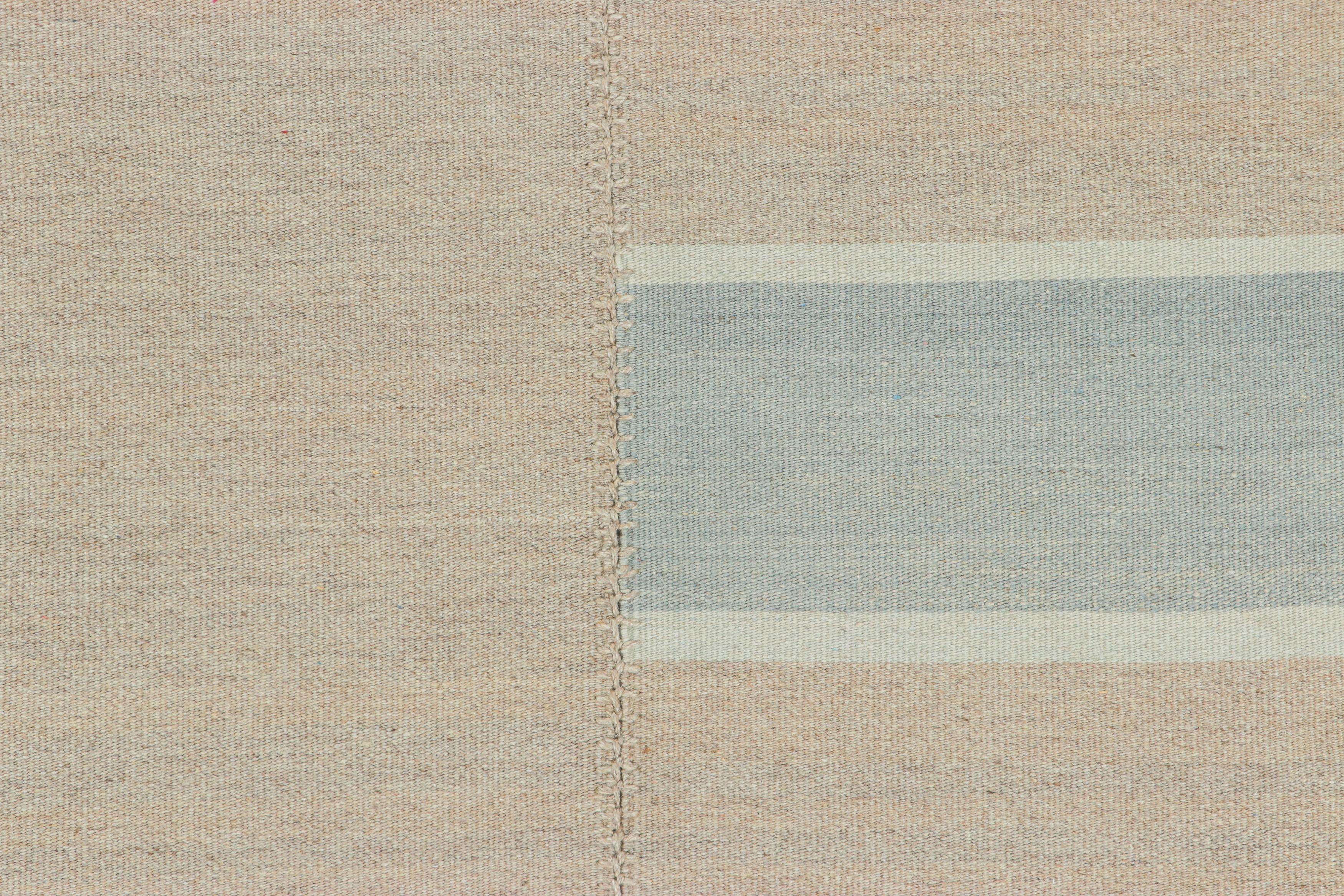 Afghan Rug & Kilim’s Contemporary Kilim, Textural Stripe in Beige, Taupe and Light Blue For Sale