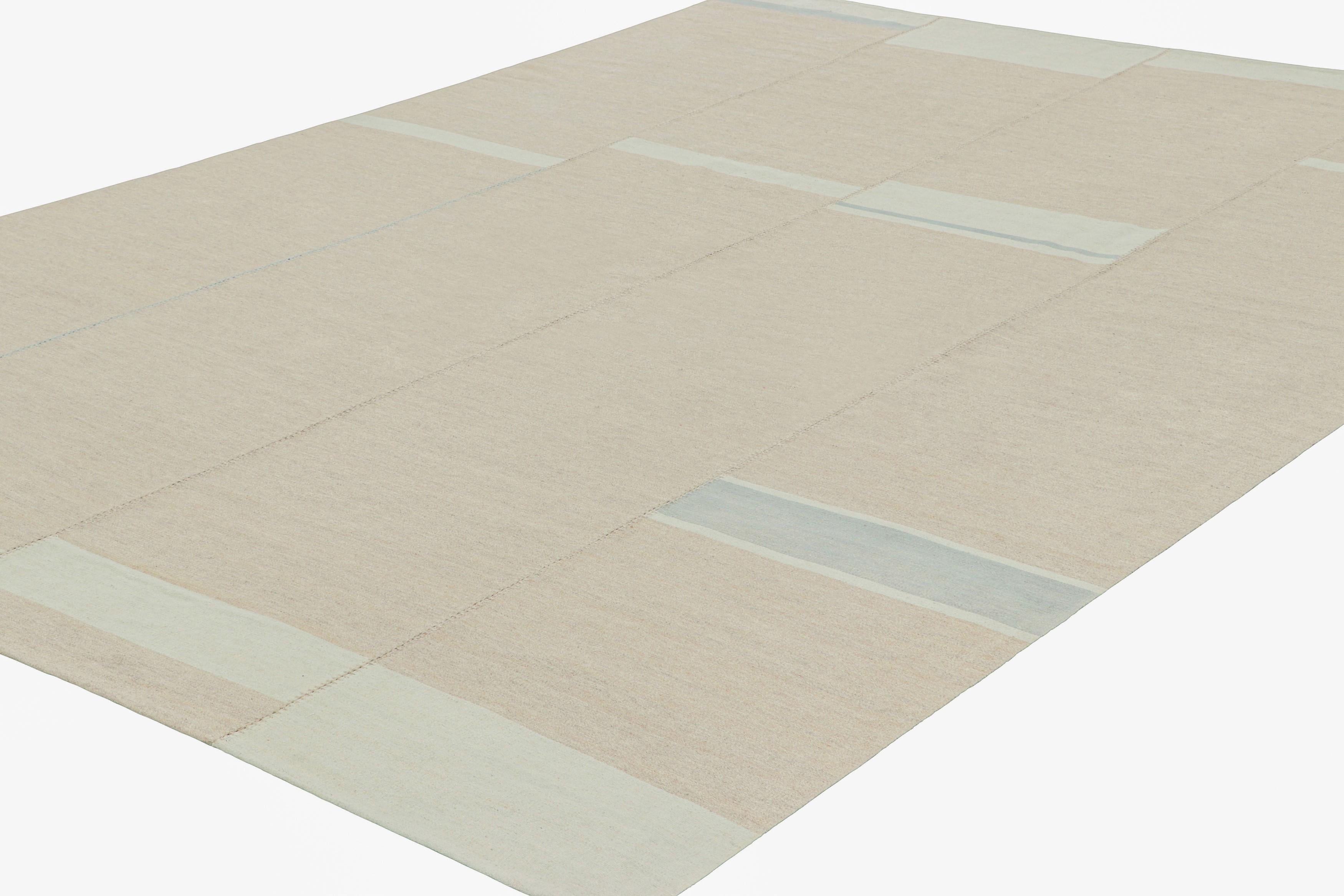 Hand-Woven Rug & Kilim’s Contemporary Kilim, Textural Stripe in Beige, Taupe and Light Blue For Sale