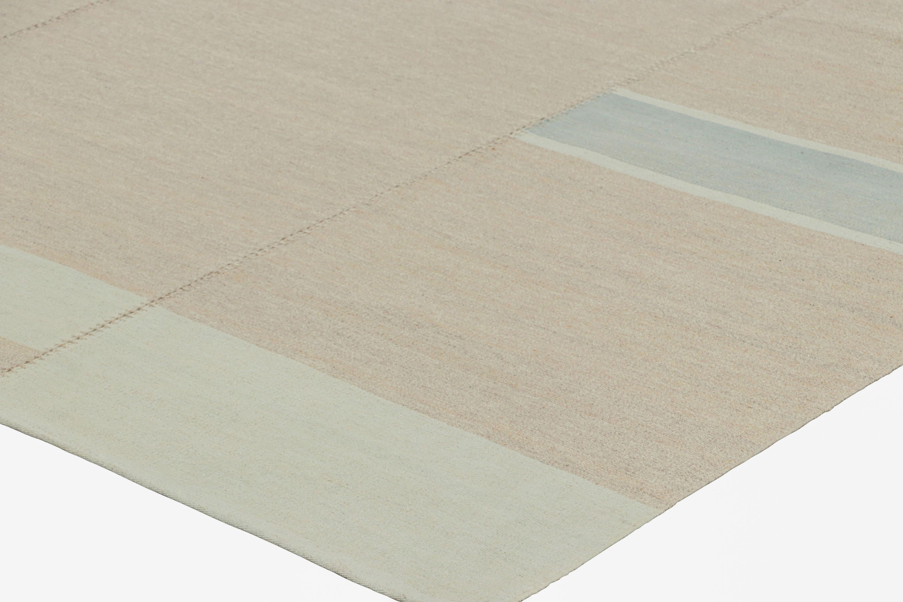 Wool Rug & Kilim’s Contemporary Kilim, Textural Stripe in Beige, Taupe and Light Blue For Sale