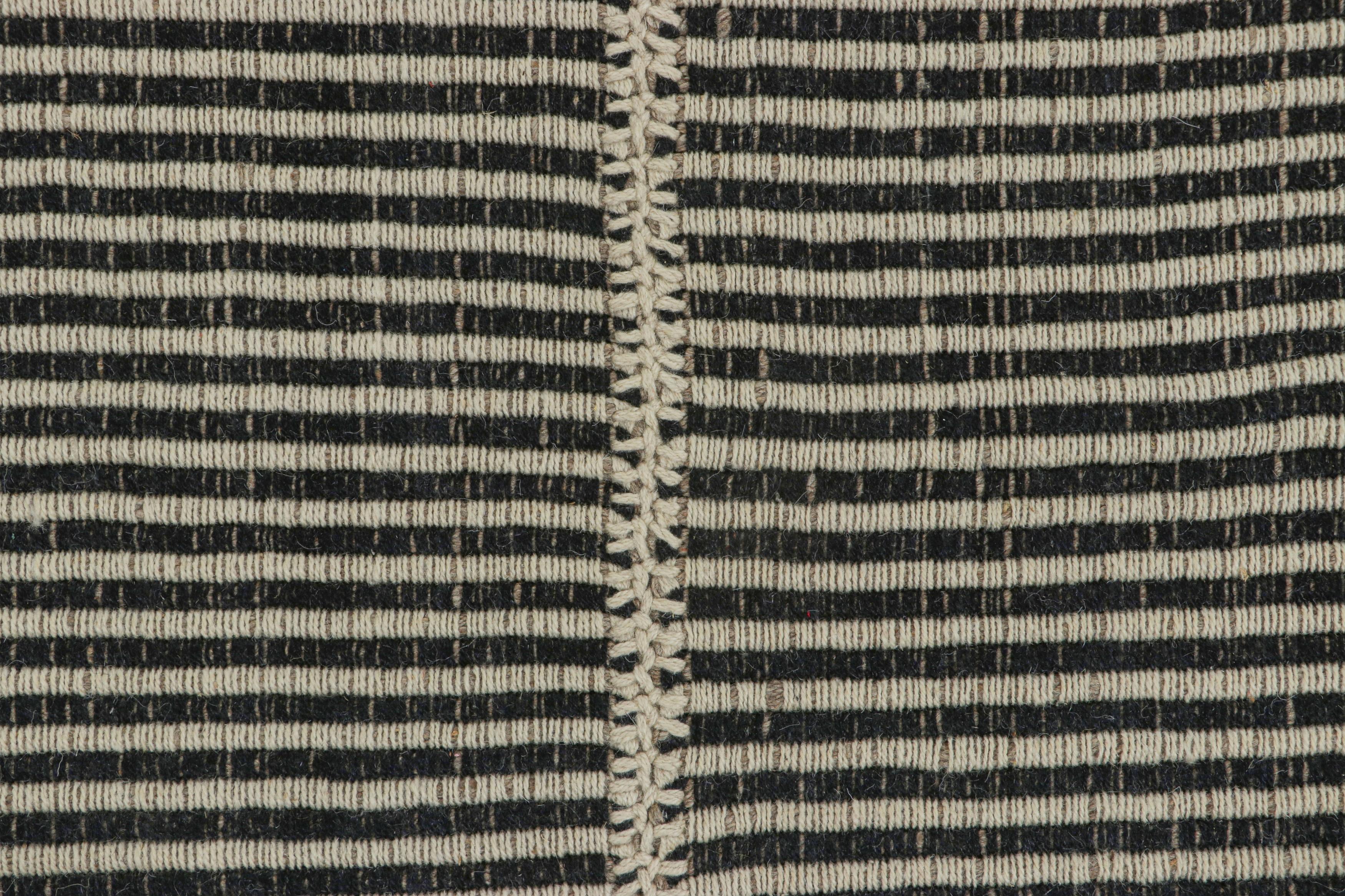 Afghan Rug & Kilim’s Contemporary Kilim, Textural White and Black Stripes, Beige Accent For Sale