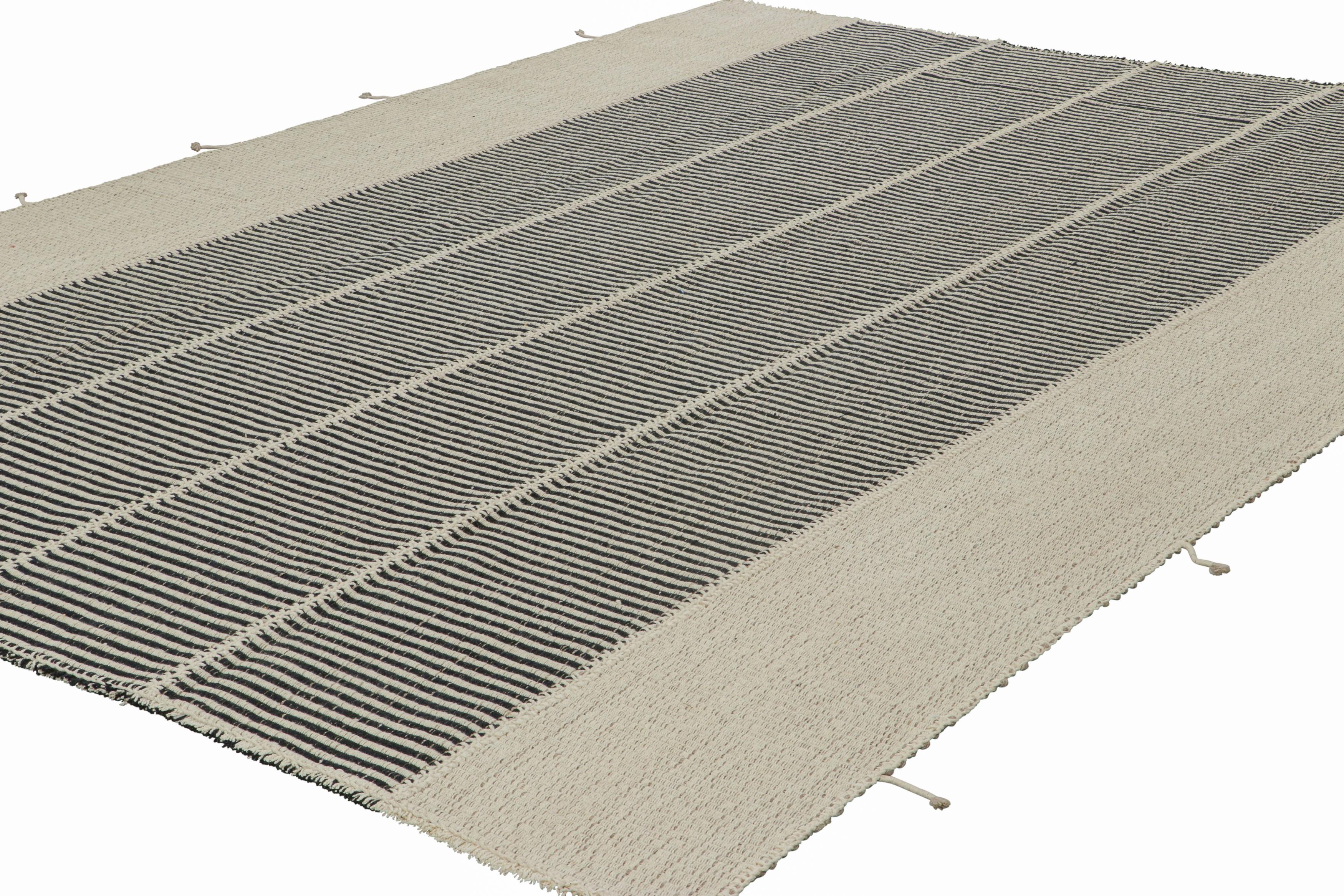 Hand-Woven Rug & Kilim’s Contemporary Kilim, Textural White and Black Stripes, Beige Accent For Sale