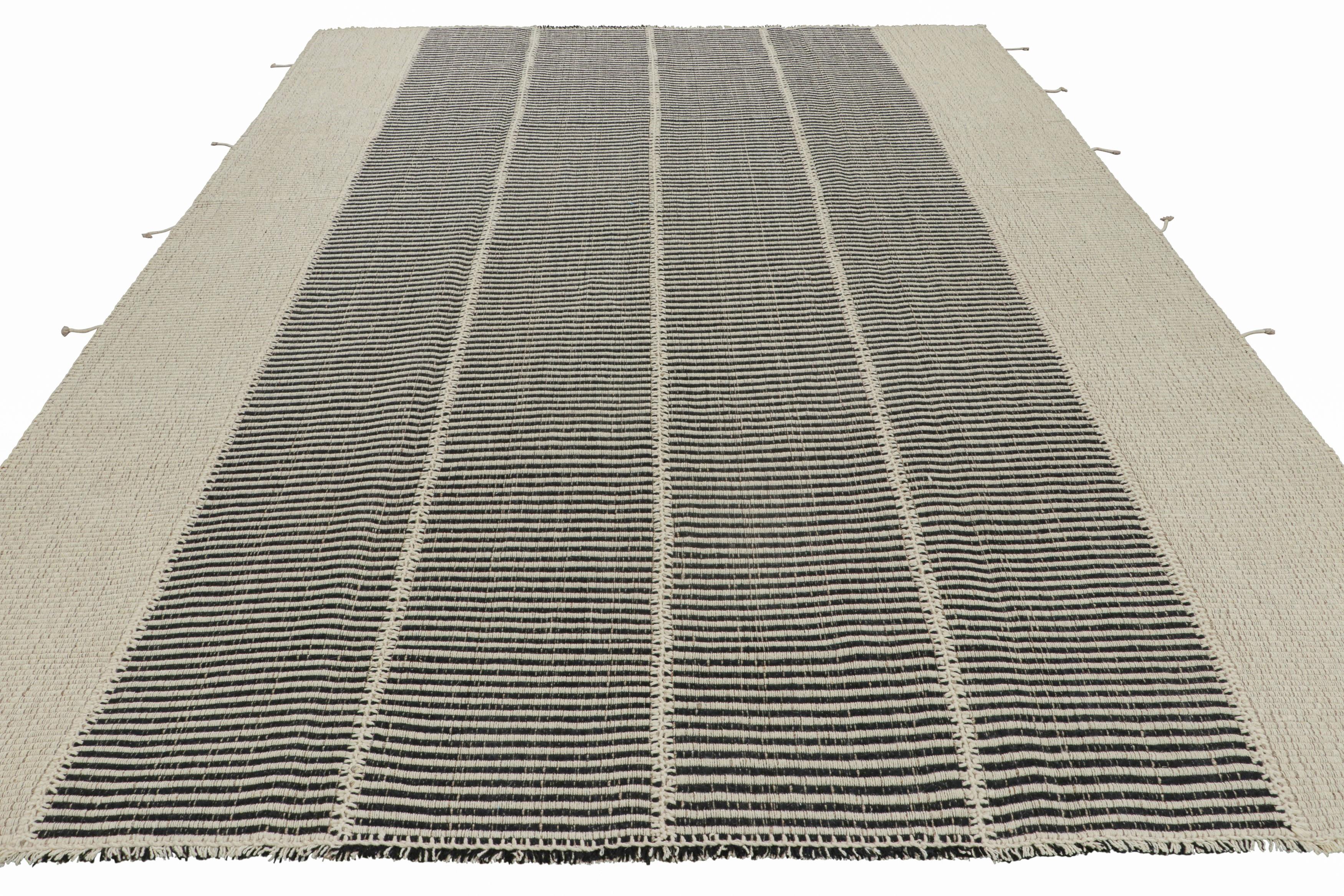 Rug & Kilim’s Contemporary Kilim, Textural White and Black Stripes, Beige Accent In New Condition For Sale In Long Island City, NY