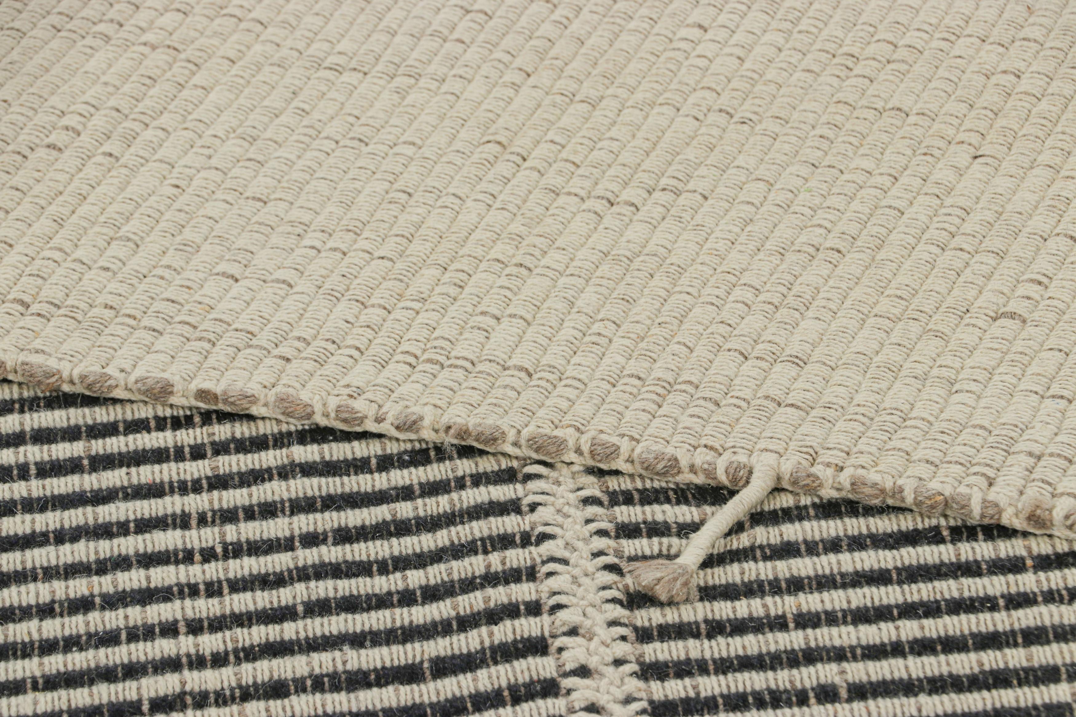 Rug & Kilim’s Contemporary Kilim, Textural White and Black Stripes, Beige Accent For Sale 1