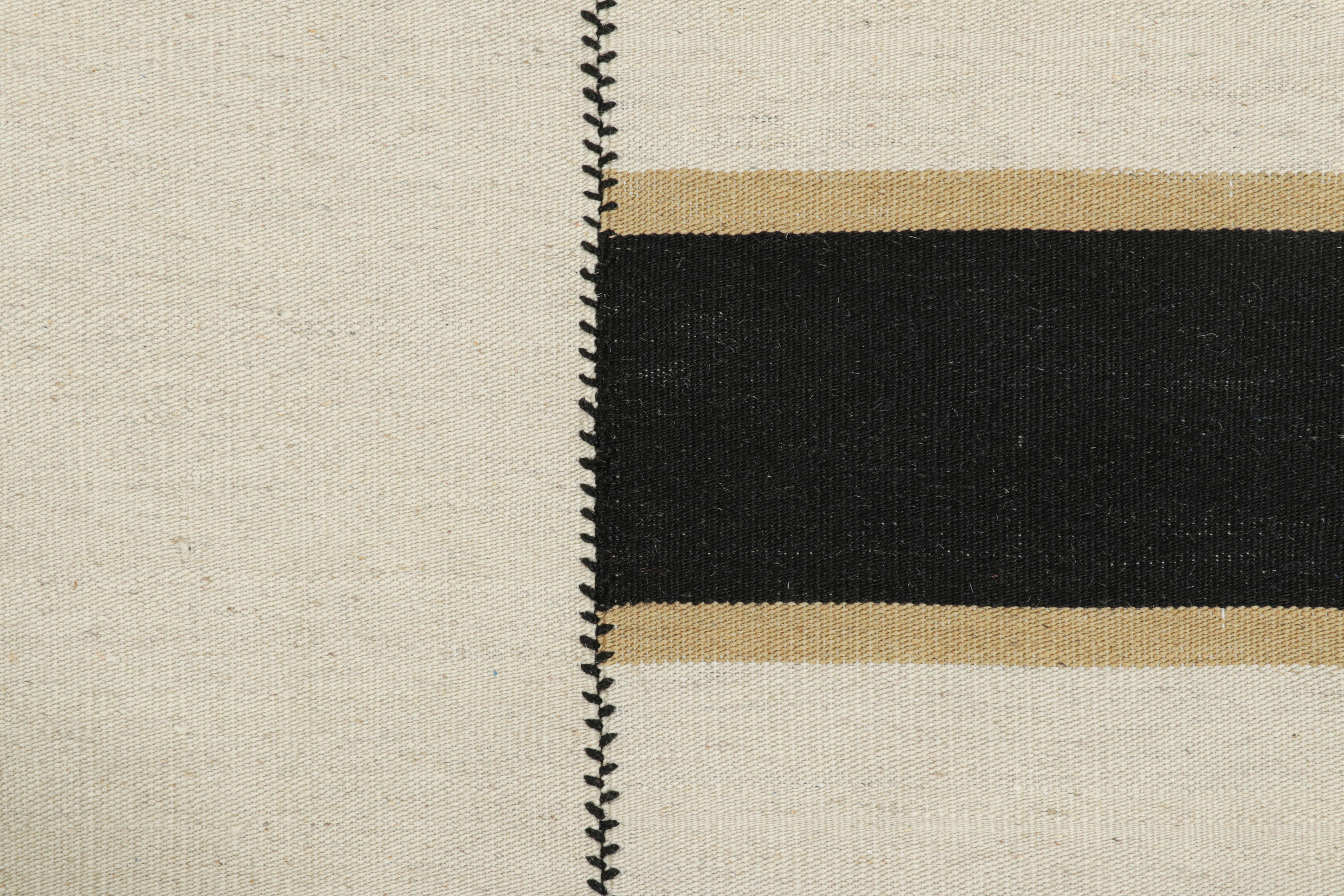 Afghan Rug & Kilim’s Contemporary Kilim, Textural White and Black Stripes, Gold Accents For Sale