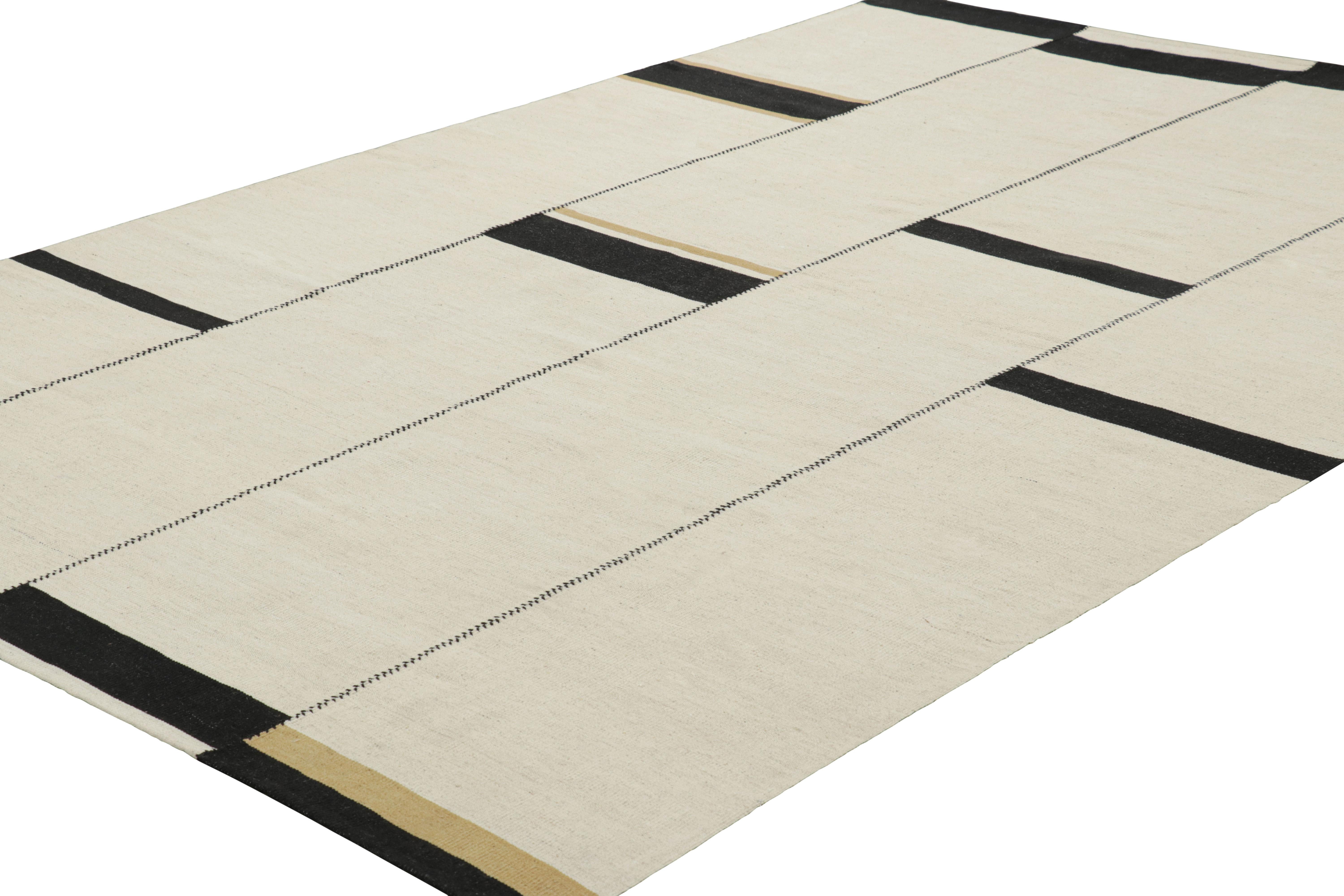 Hand-Woven Rug & Kilim’s Contemporary Kilim, Textural White and Black Stripes, Gold Accents For Sale