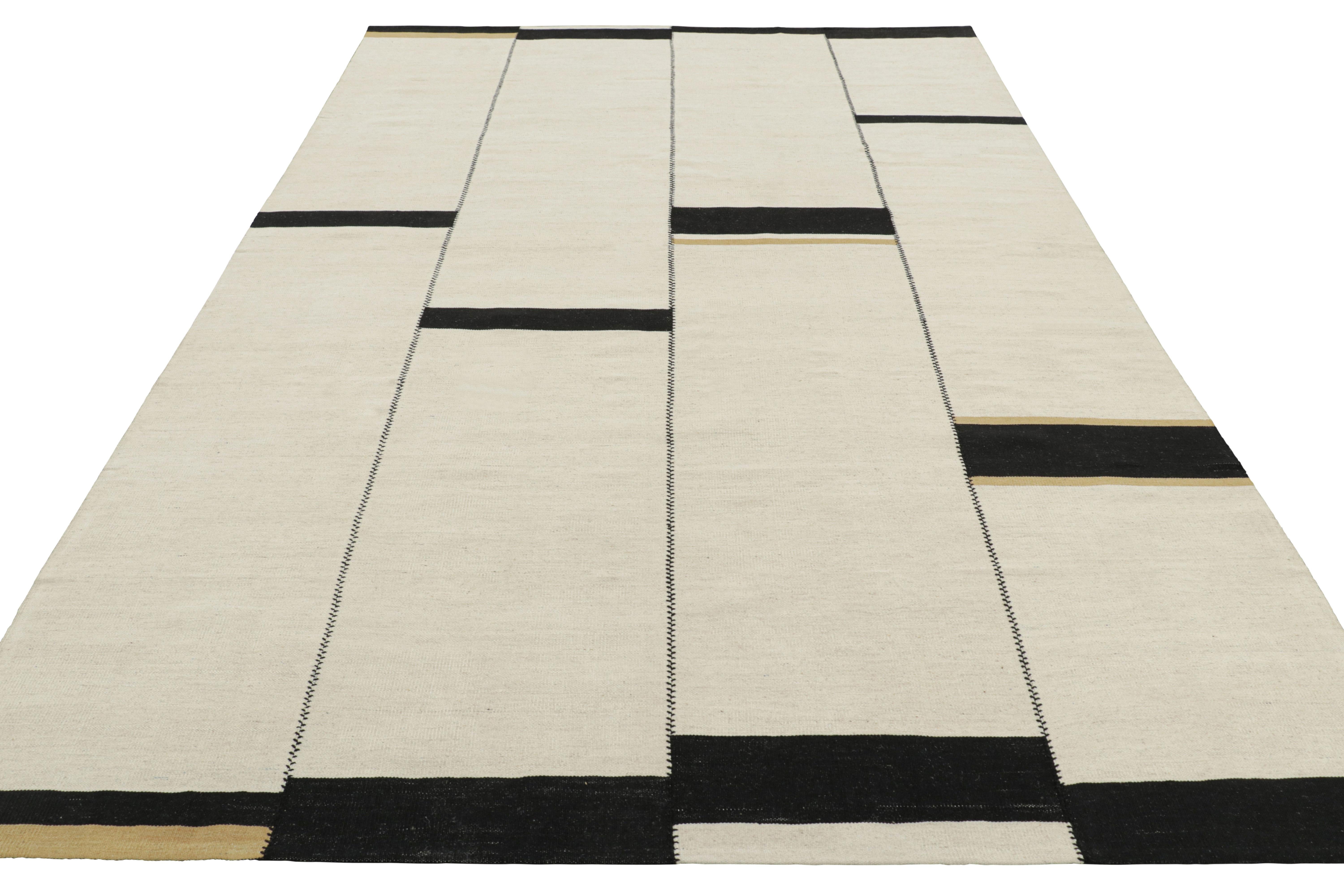 Rug & Kilim’s Contemporary Kilim, Textural White and Black Stripes, Gold Accents In New Condition For Sale In Long Island City, NY