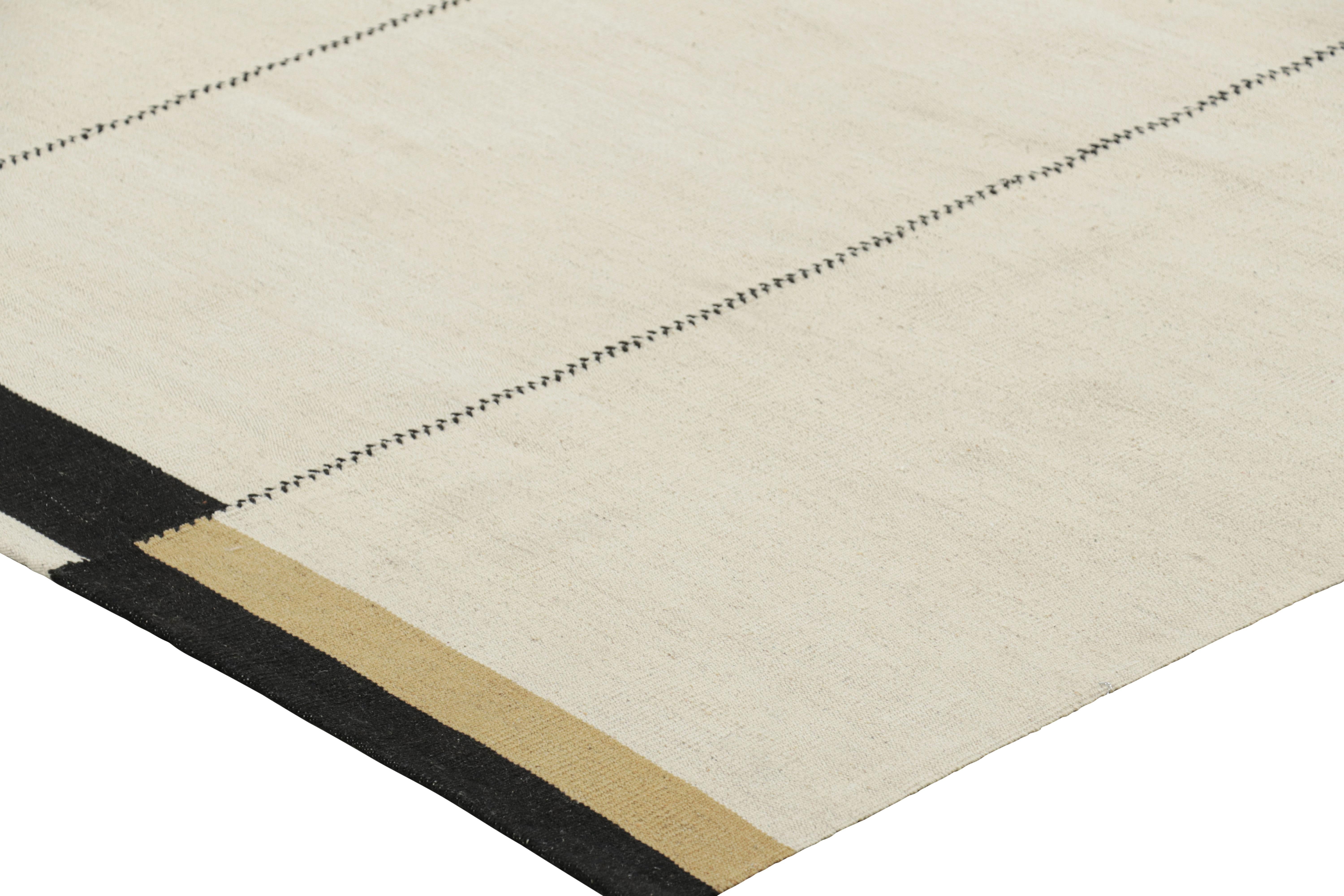 Wool Rug & Kilim’s Contemporary Kilim, Textural White and Black Stripes, Gold Accents For Sale