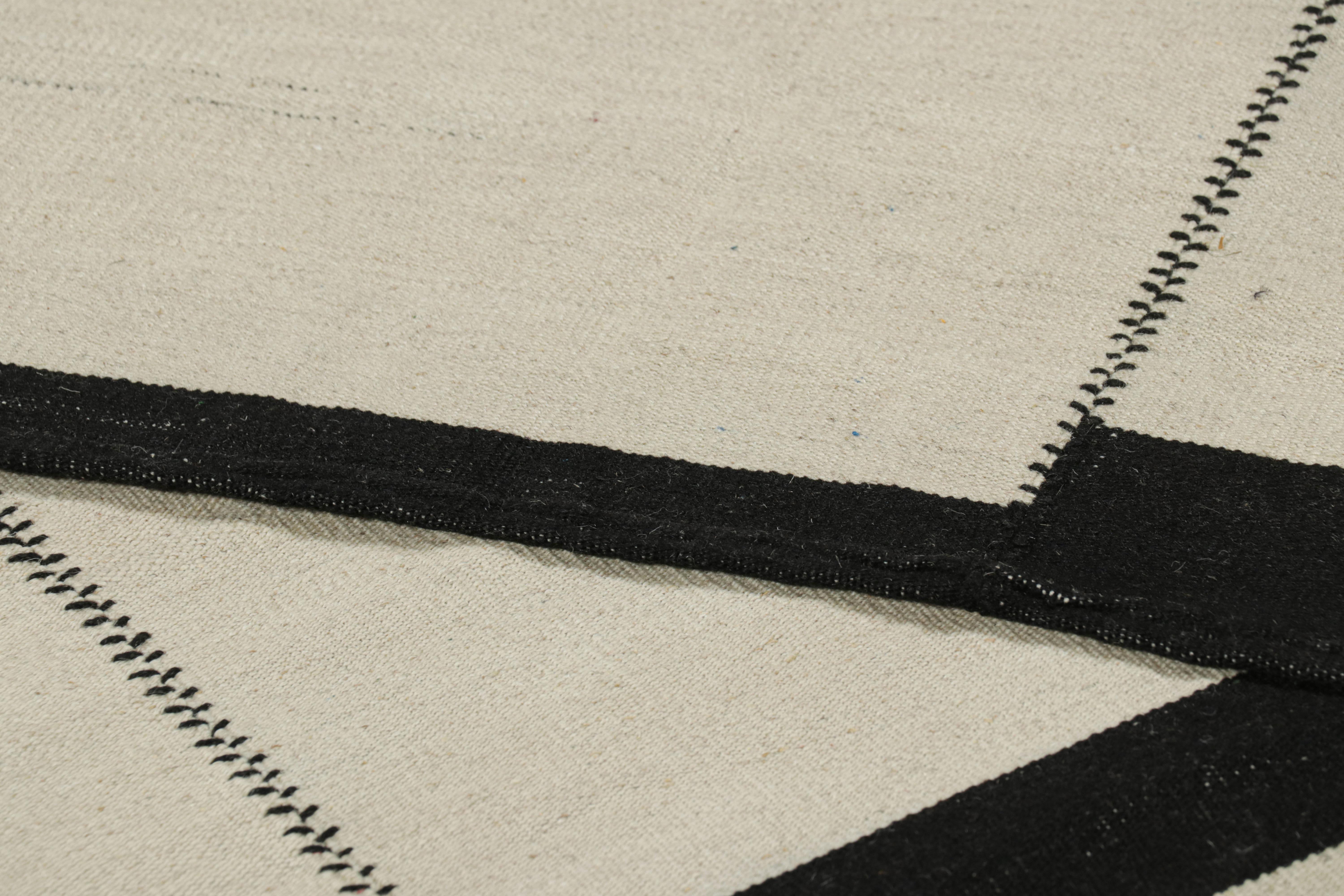 Rug & Kilim’s Contemporary Kilim, Textural White and Black Stripes, Gold Accents For Sale 1