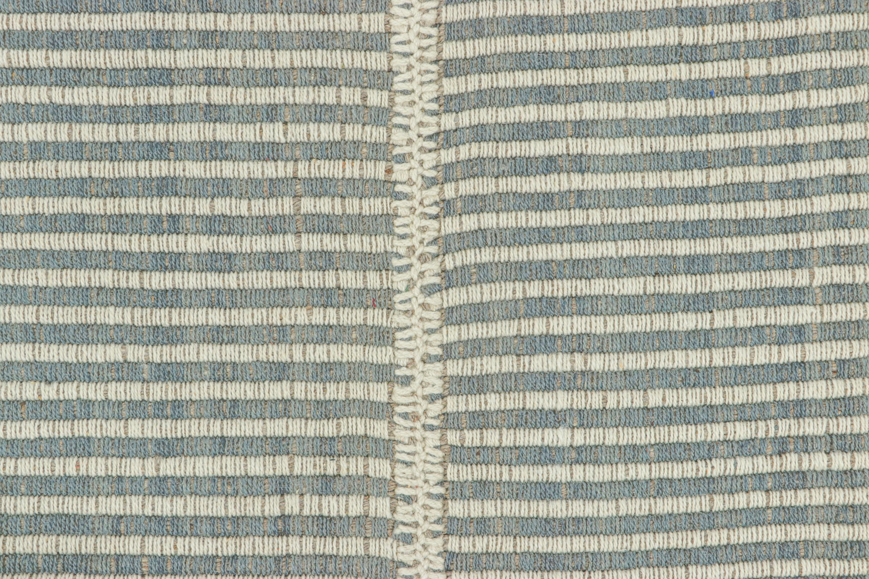 Afghan Rug & Kilim’s Contemporary Kilim, Textural White and Slate Blue Stripes For Sale