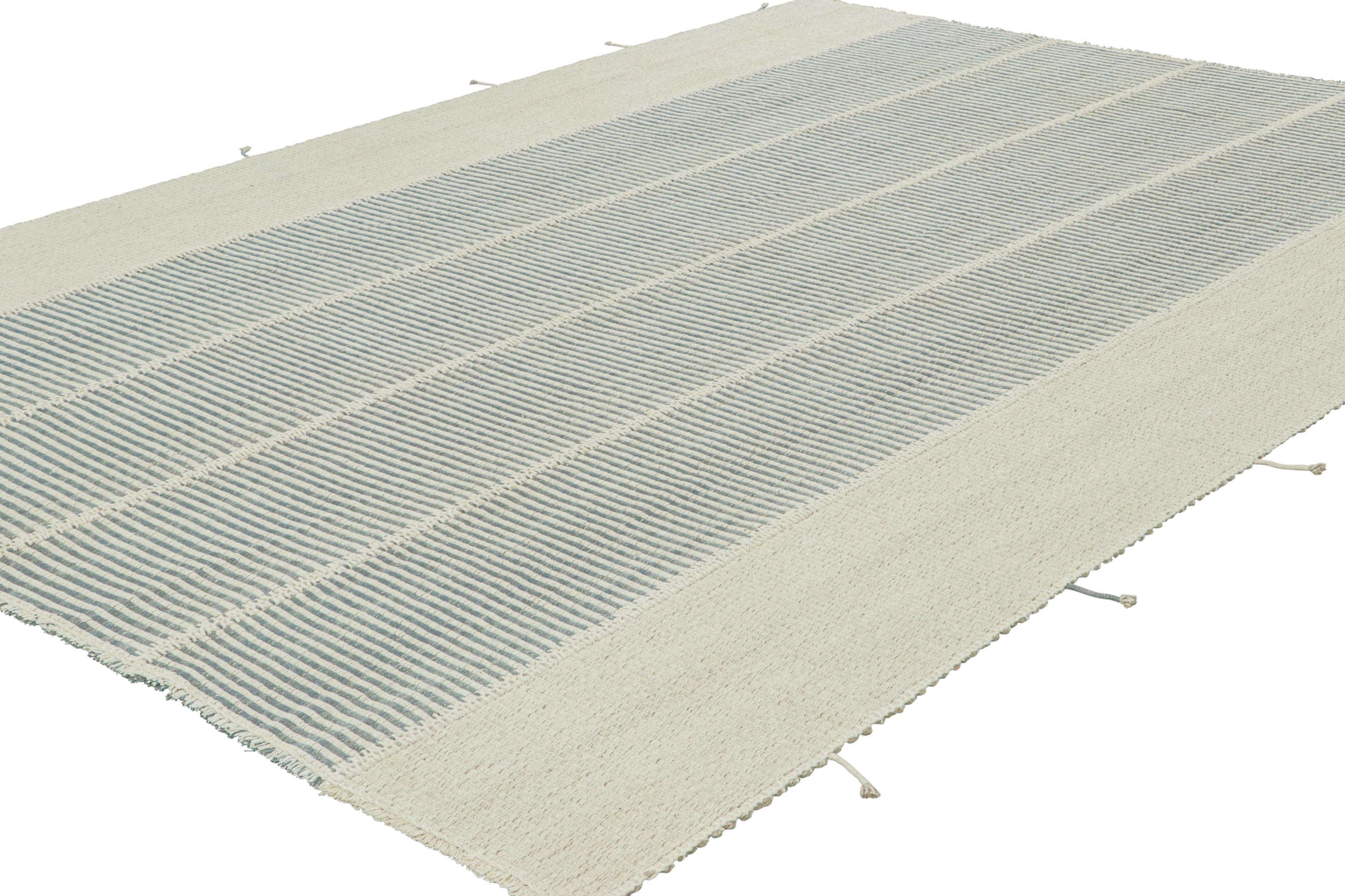 Hand-Woven Rug & Kilim’s Contemporary Kilim, Textural White and Slate Blue Stripes For Sale