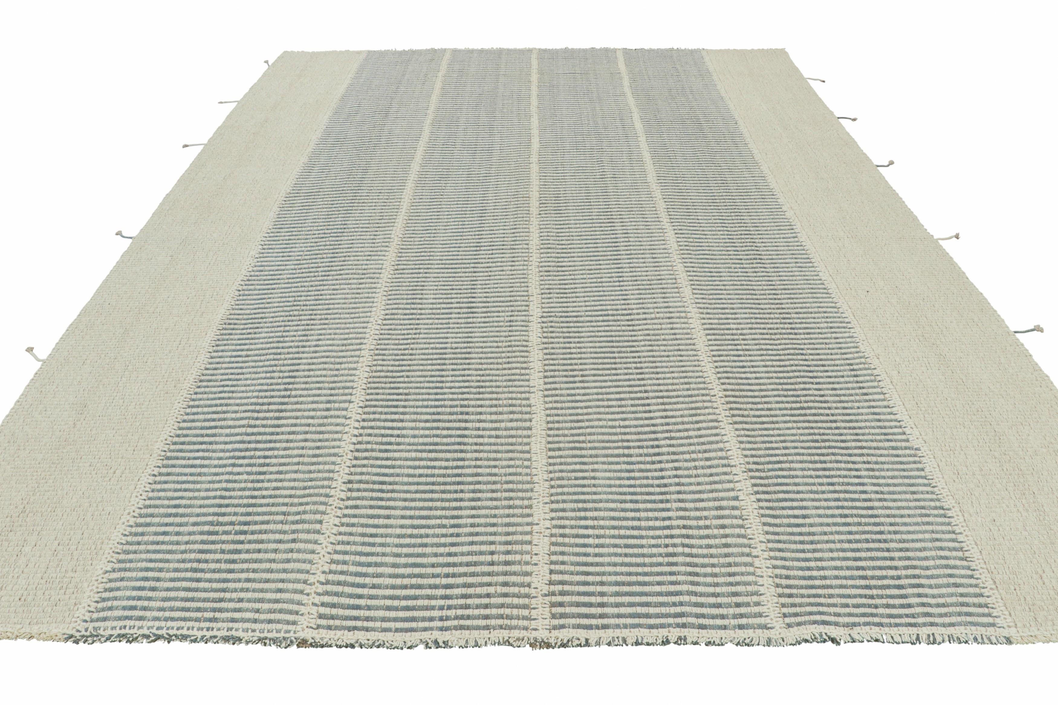 Rug & Kilim’s Contemporary Kilim, Textural White and Slate Blue Stripes In New Condition For Sale In Long Island City, NY