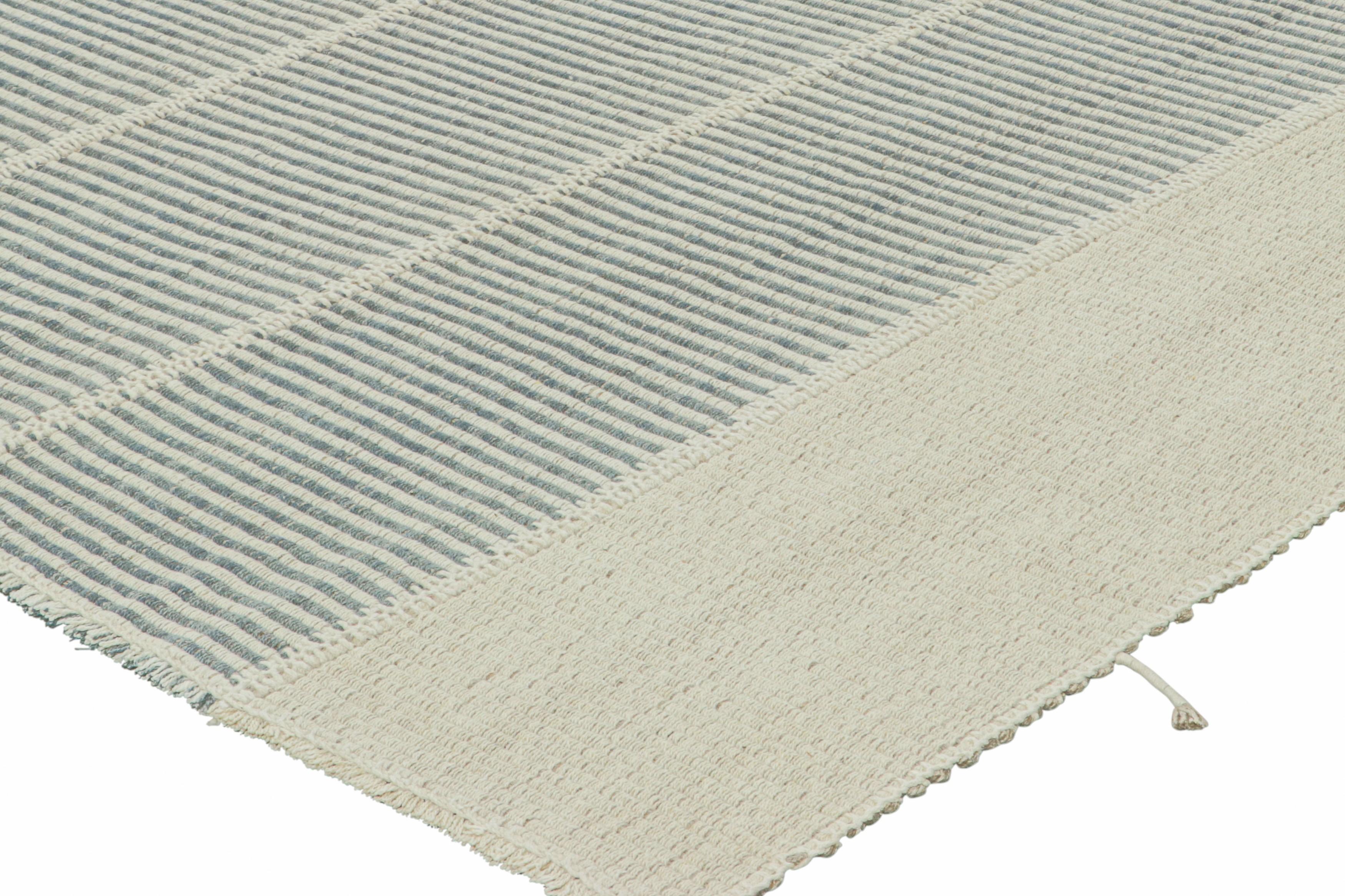 Wool Rug & Kilim’s Contemporary Kilim, Textural White and Slate Blue Stripes For Sale