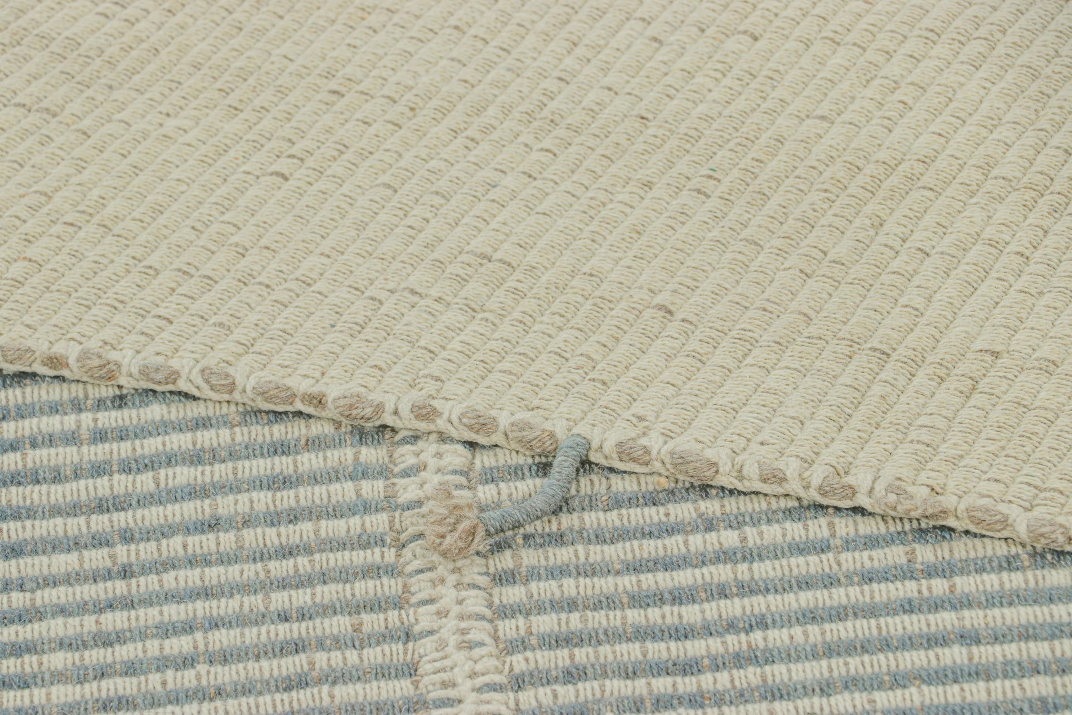 Rug & Kilim’s Contemporary Kilim, Textural White and Slate Blue Stripes For Sale 1