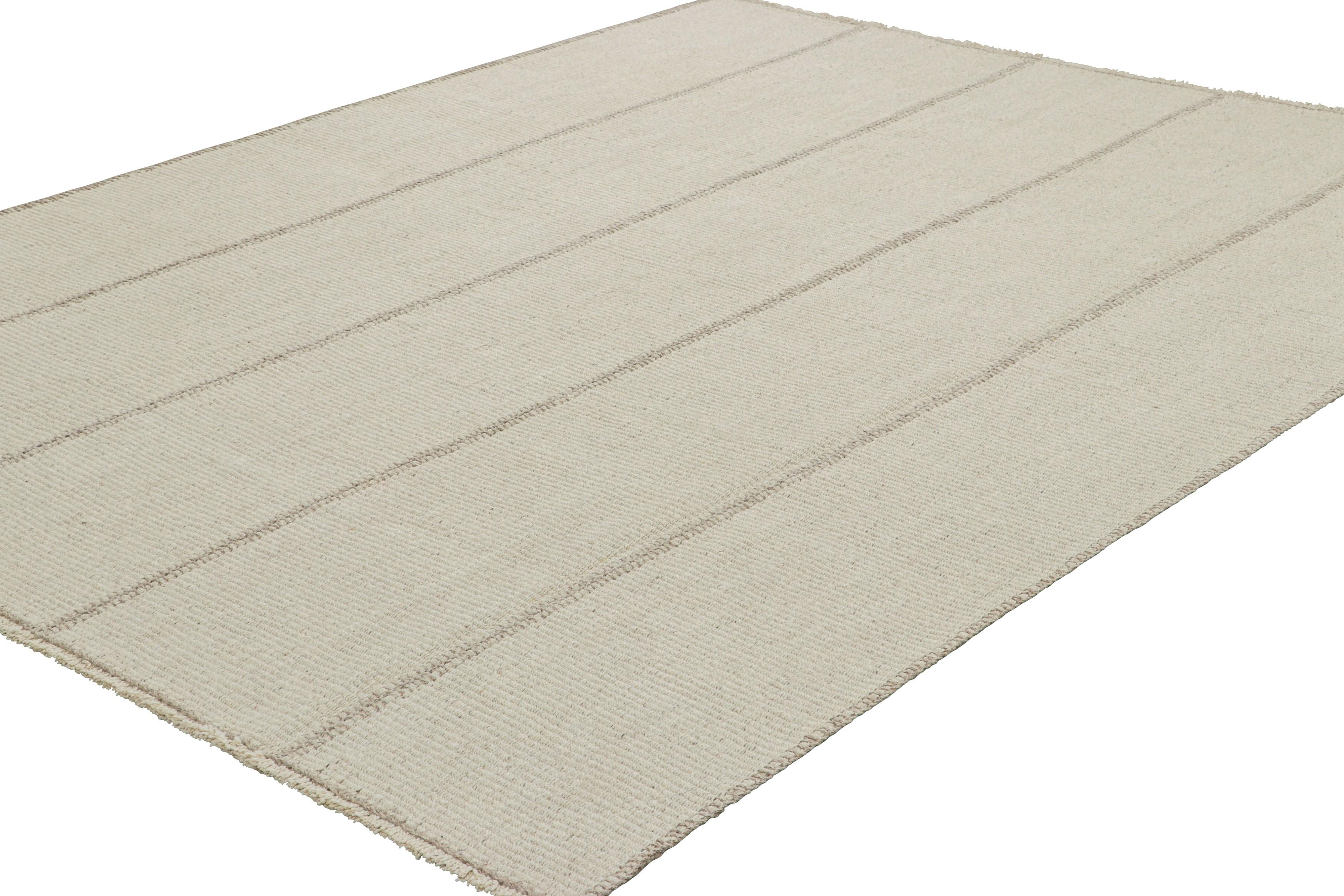 Hand-Woven Rug & Kilim’s Contemporary Kilim, Textural White Stripes and Beige Accents For Sale