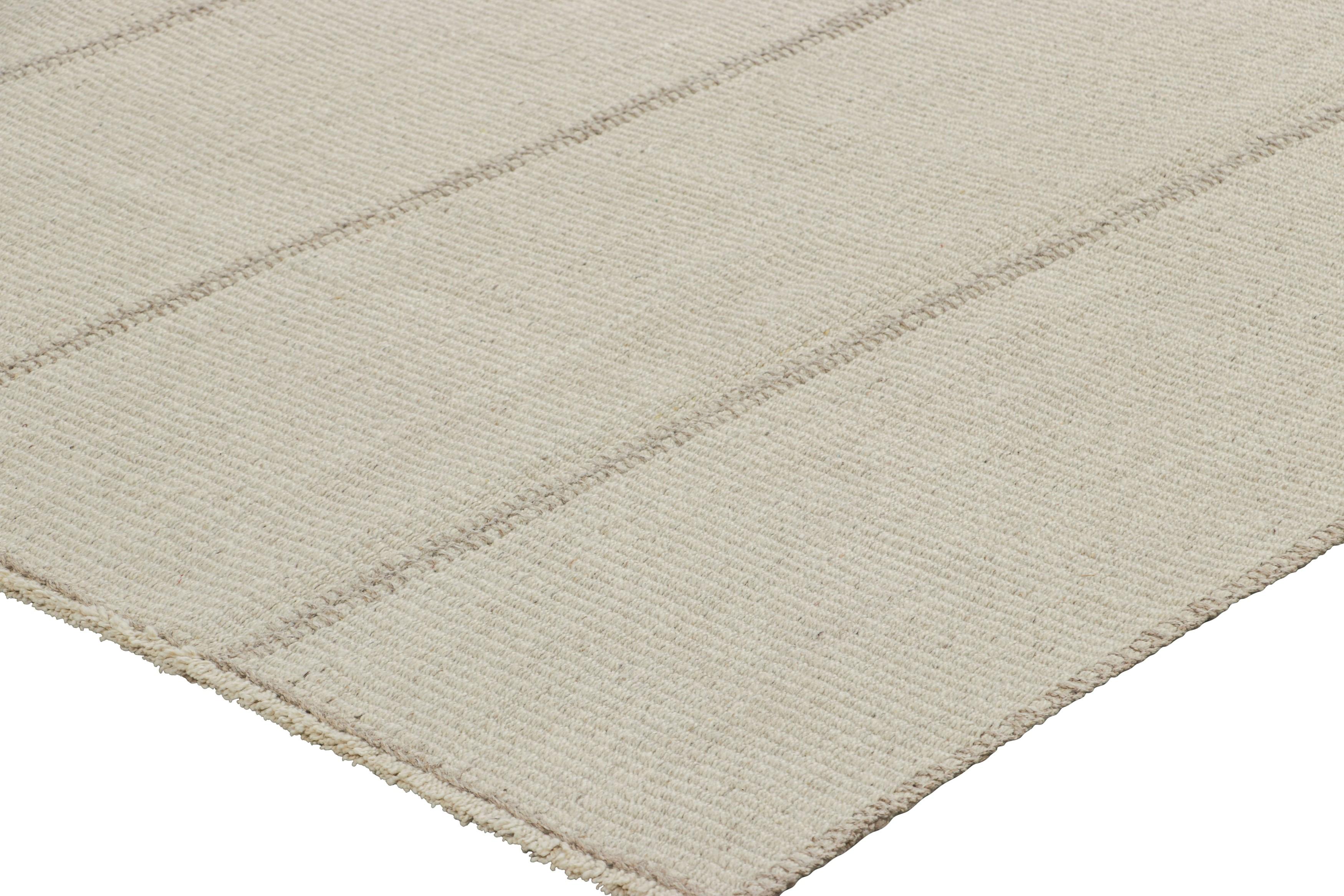 Wool Rug & Kilim’s Contemporary Kilim, Textural White Stripes and Beige Accents For Sale