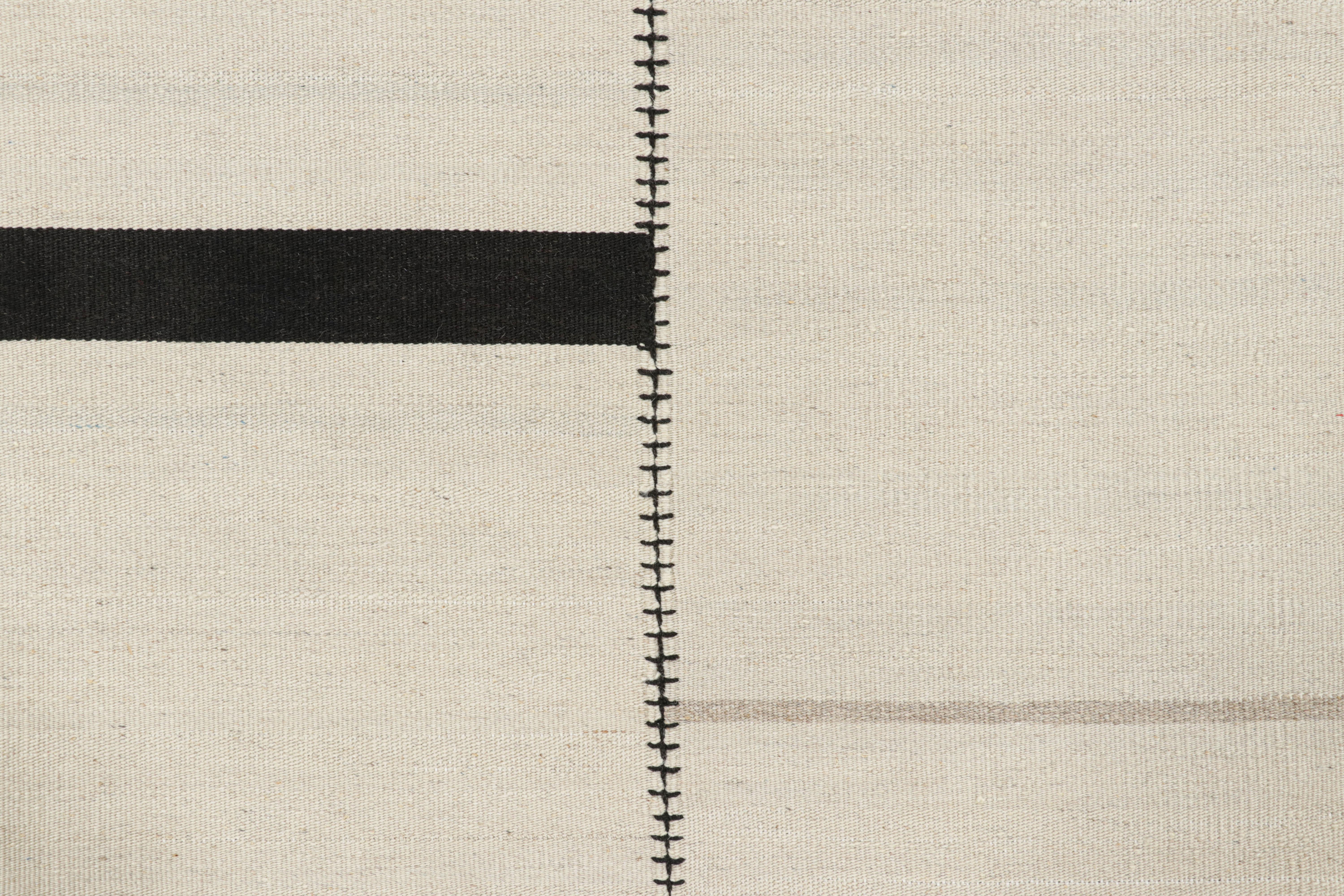 Afghan Rug & Kilim’s Contemporary Kilim, White and Black Textural Stripes, Taupe Accent For Sale